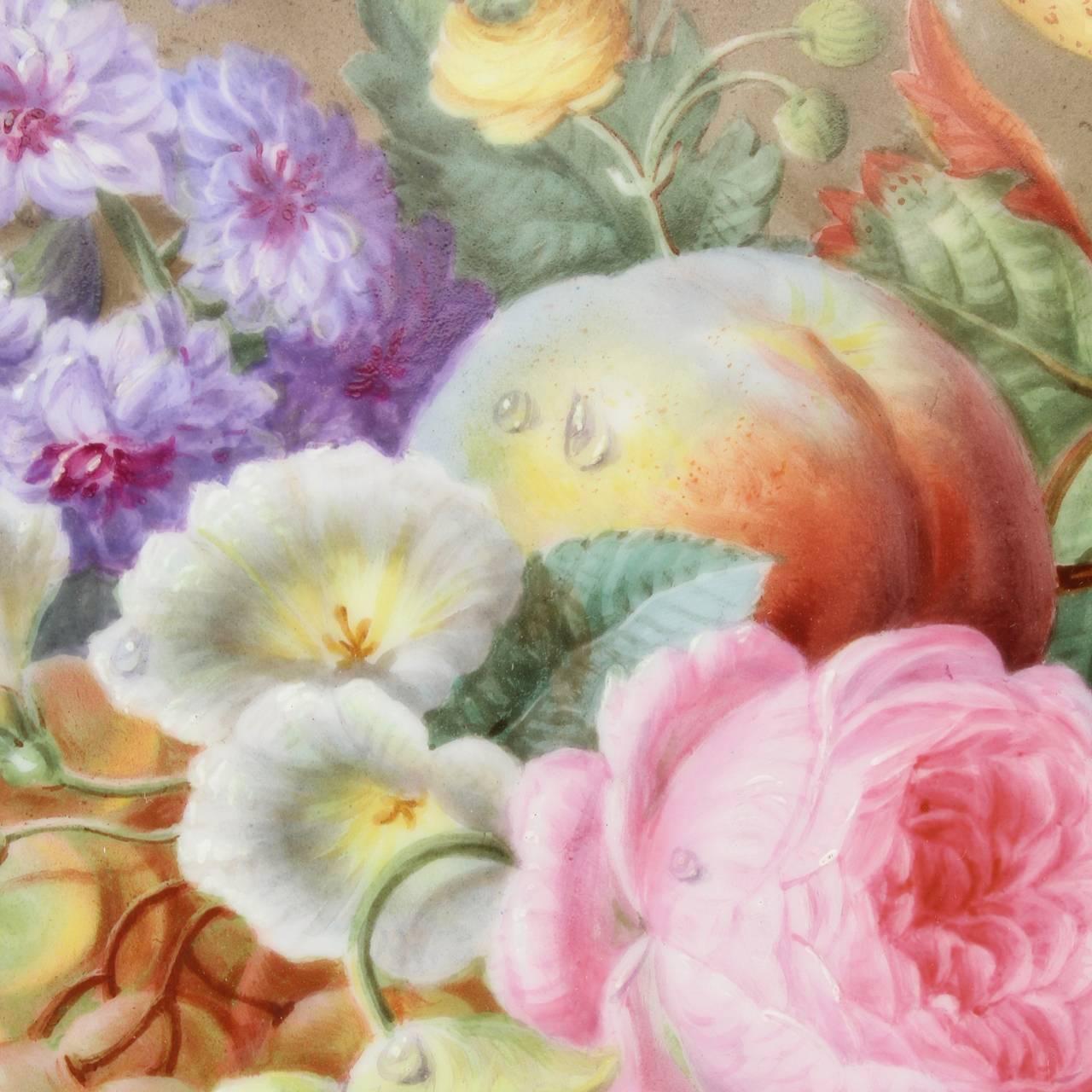 Large Antique English Porcelain Plaque of Fruit, Flowers & a Bird, 19th Century 2