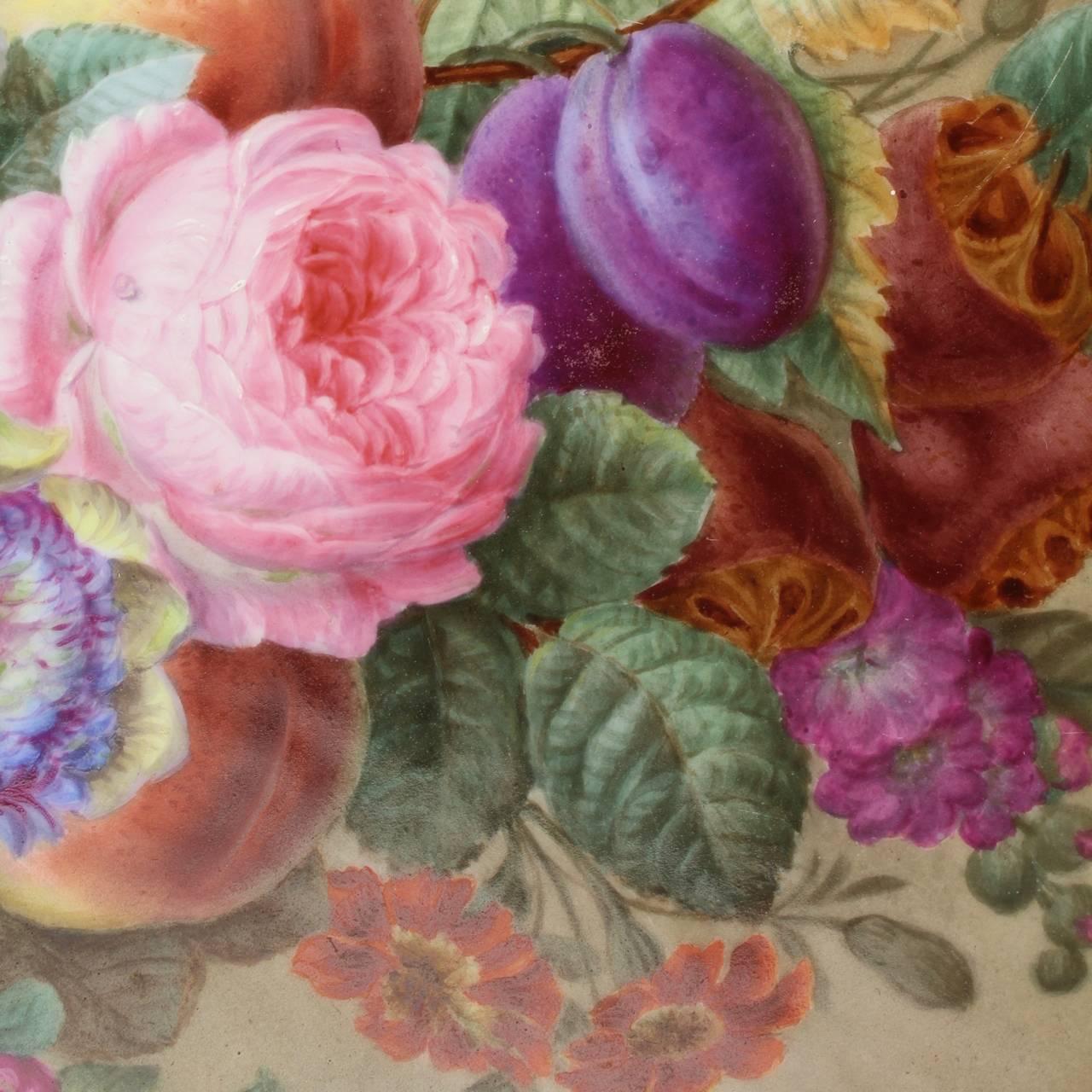 Large Antique English Porcelain Plaque of Fruit, Flowers & a Bird, 19th Century 4