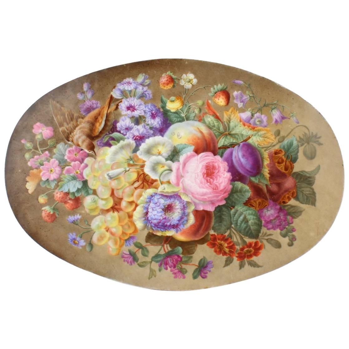 Large Antique English Porcelain Plaque of Fruit, Flowers & a Bird, 19th Century
