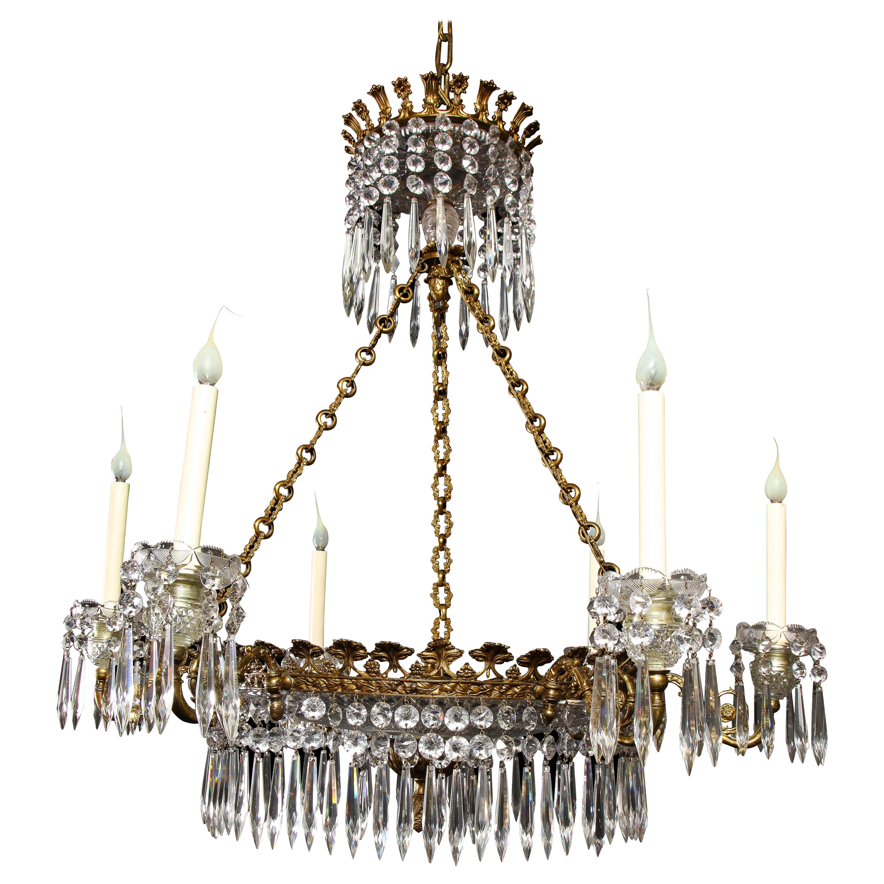 Large Antique English Regency Style Gilt Bronze and Crystal Chandelier