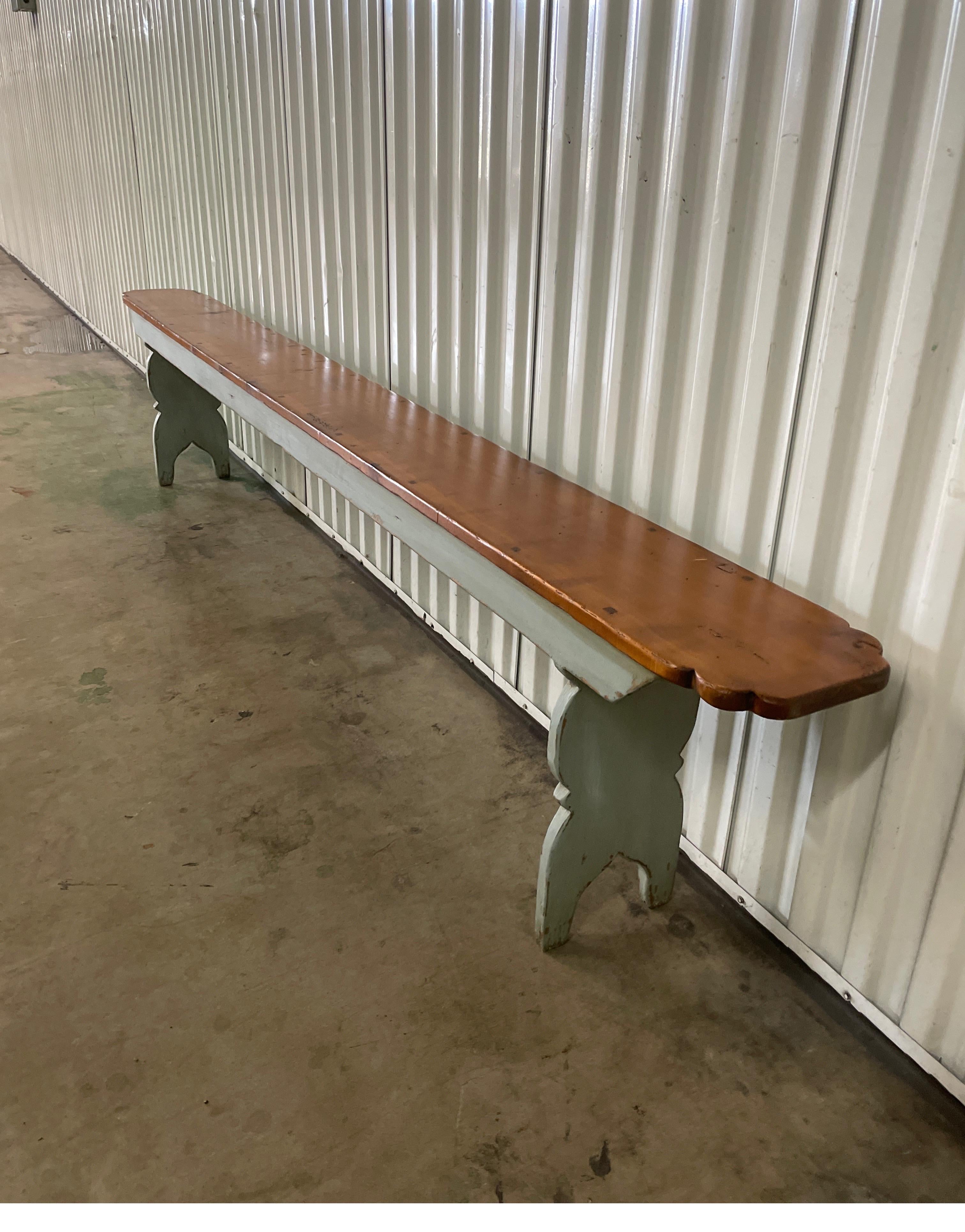 Large antique saddler's bench with blue painted base & natural wood top.