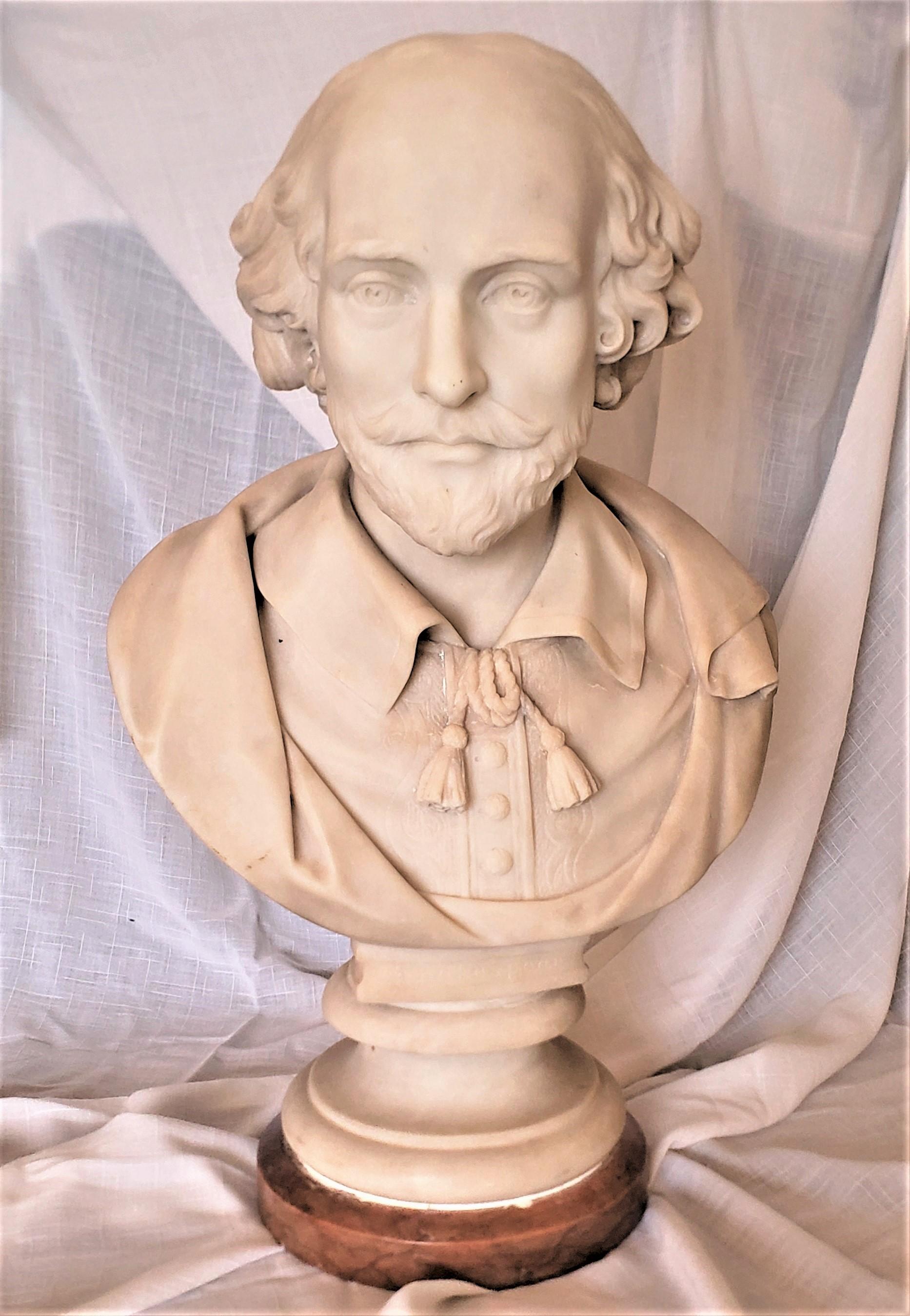 This substantial and well executed hand-carved marble bust is signed by an unknown artist, and originates from England and done in the period Victorian style. The sculpture depicts a study of an English gentleman in high period costume, with hair