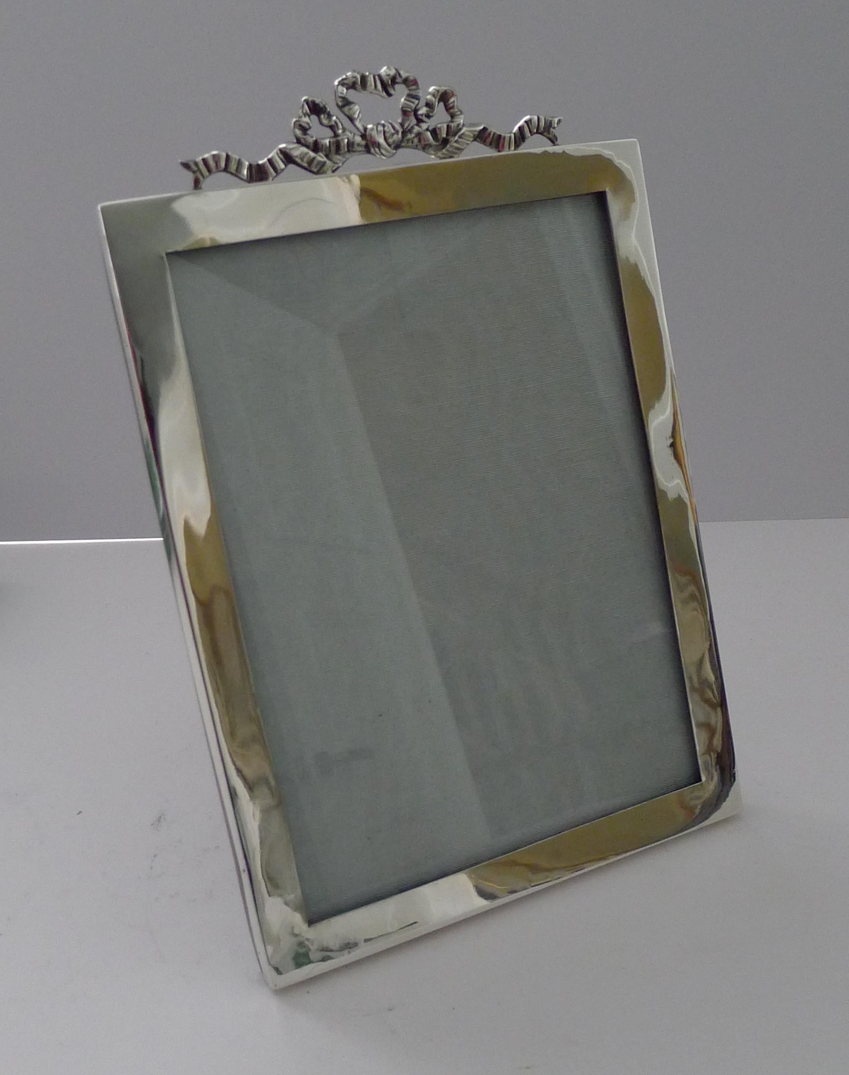 British Large Antique English Silver Frame - Ribbon & Bow - 1906 For Sale