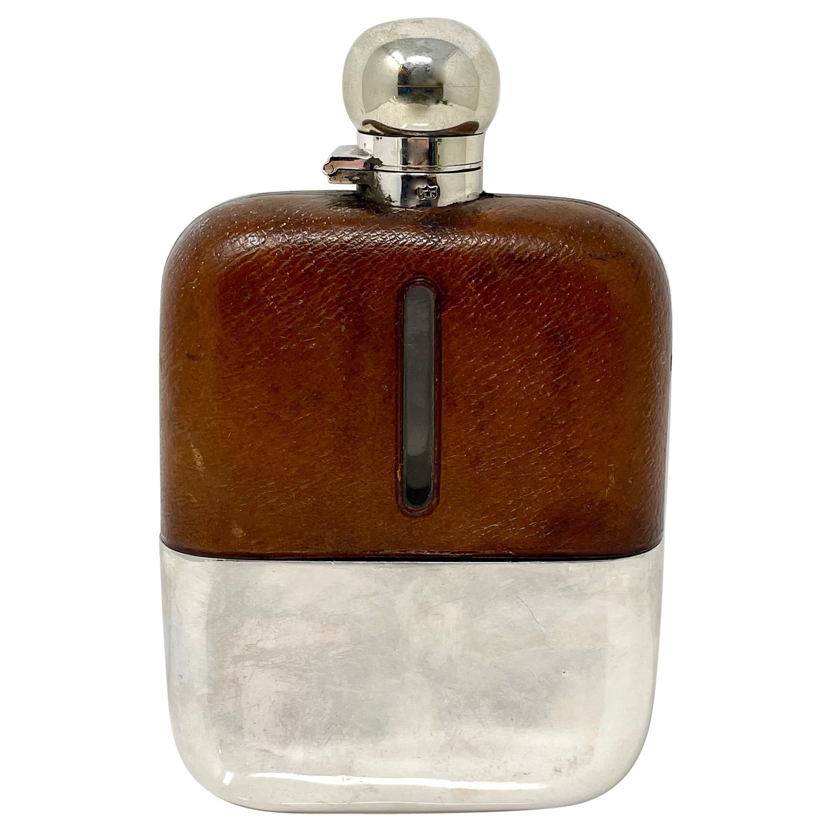 Grande gourde anglaise ancienne en métal argenté, cuir et verre, Circa 1900.
