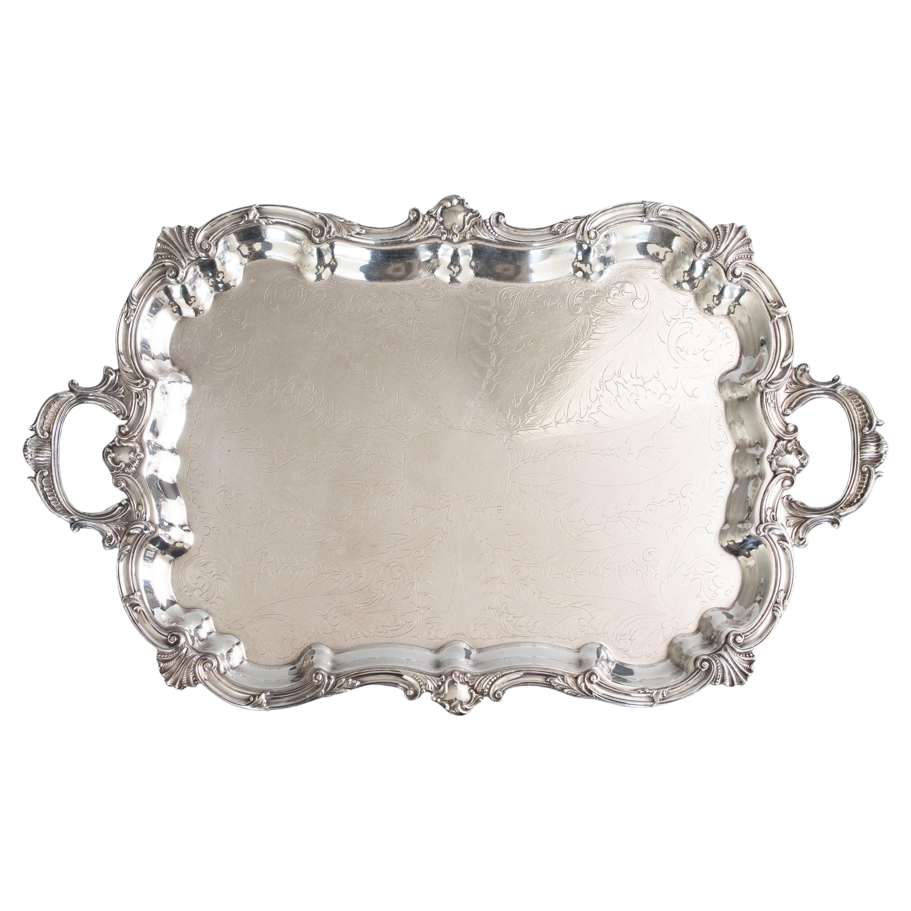 Large Antique English Silver Plate Rectangular Footed Serving Tray With Handles