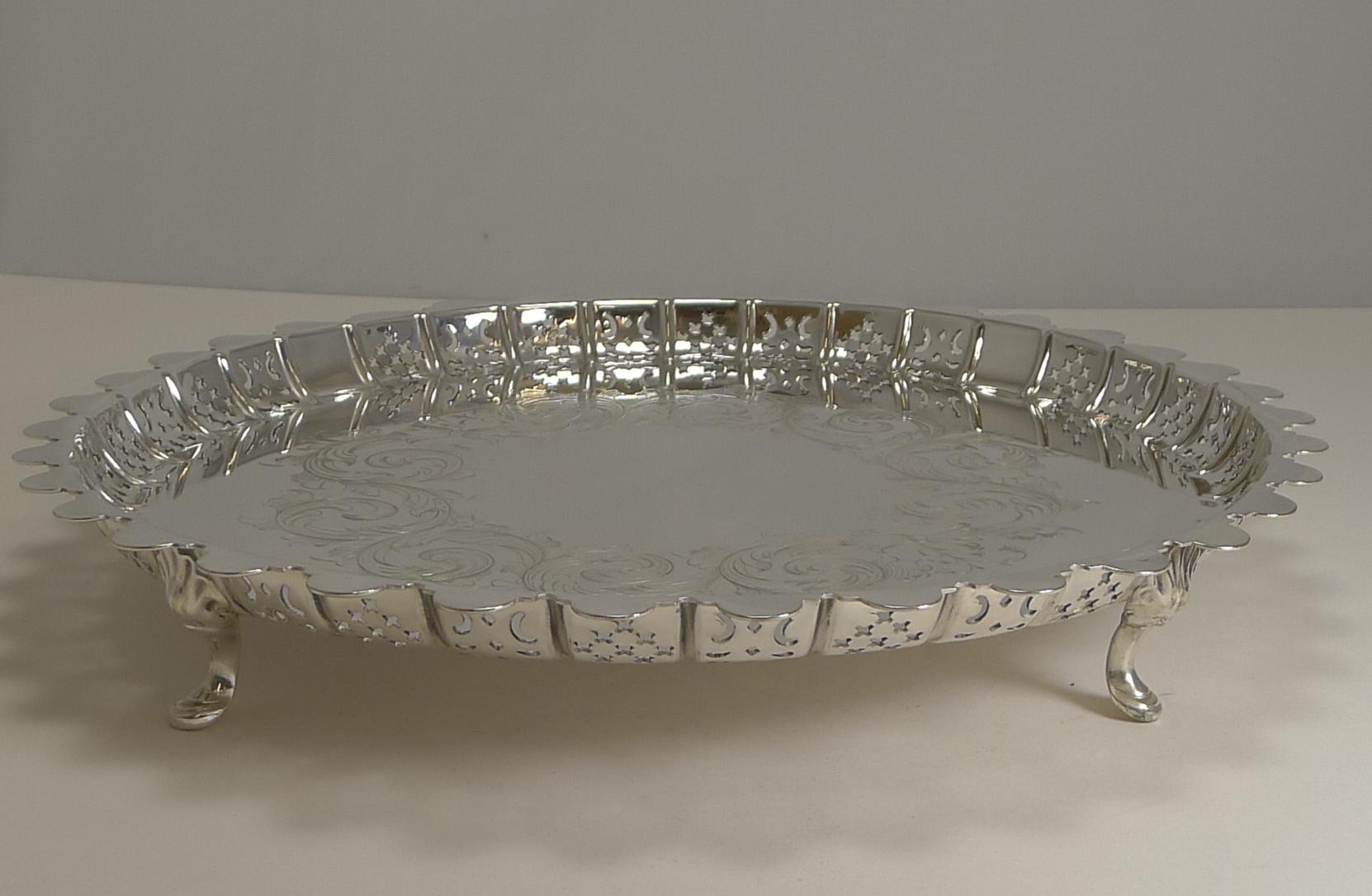 Early Victorian Large Antique English Silver Plated Circular Salver / Tray - 1855