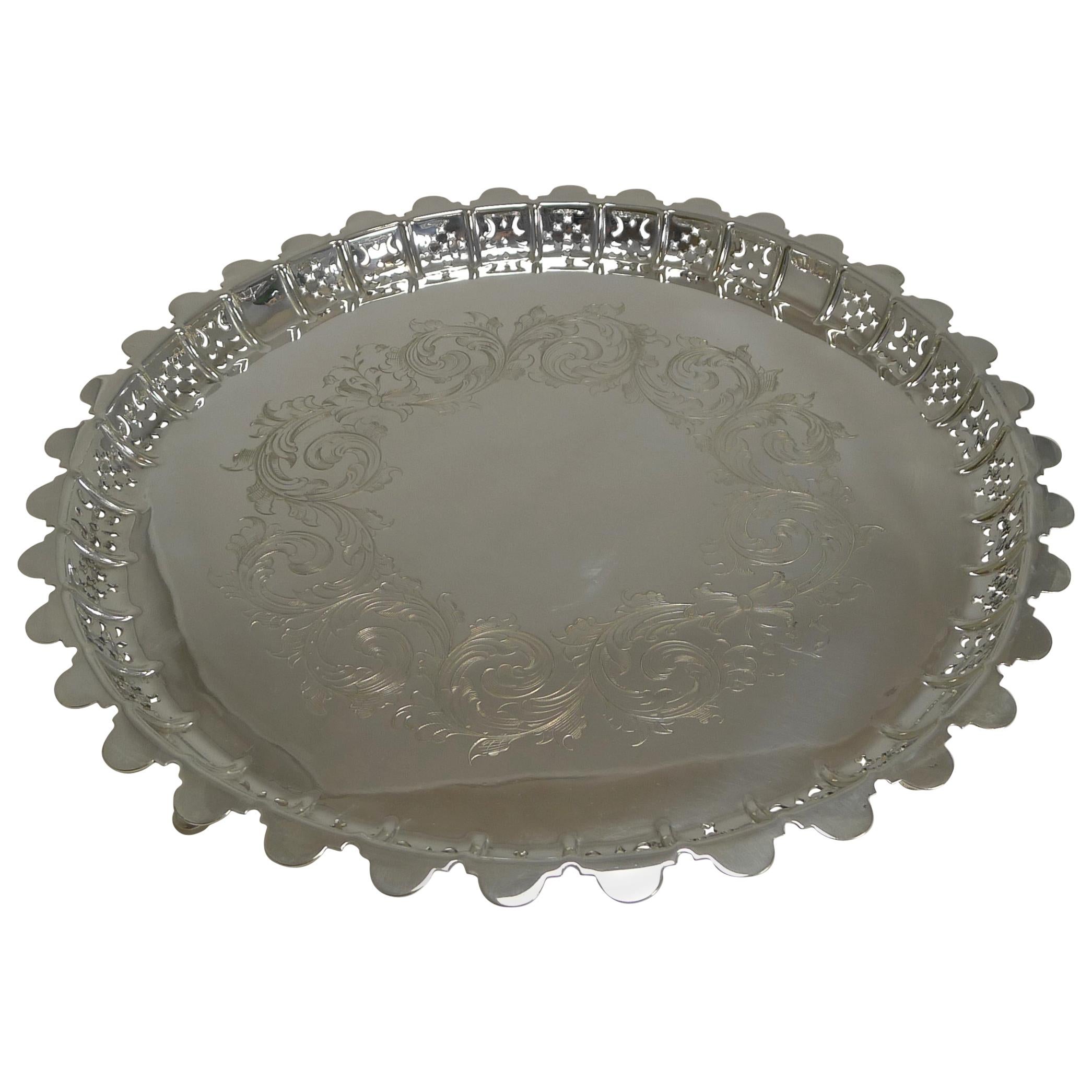 Large Antique English Silver Plated Circular Salver / Tray - 1855