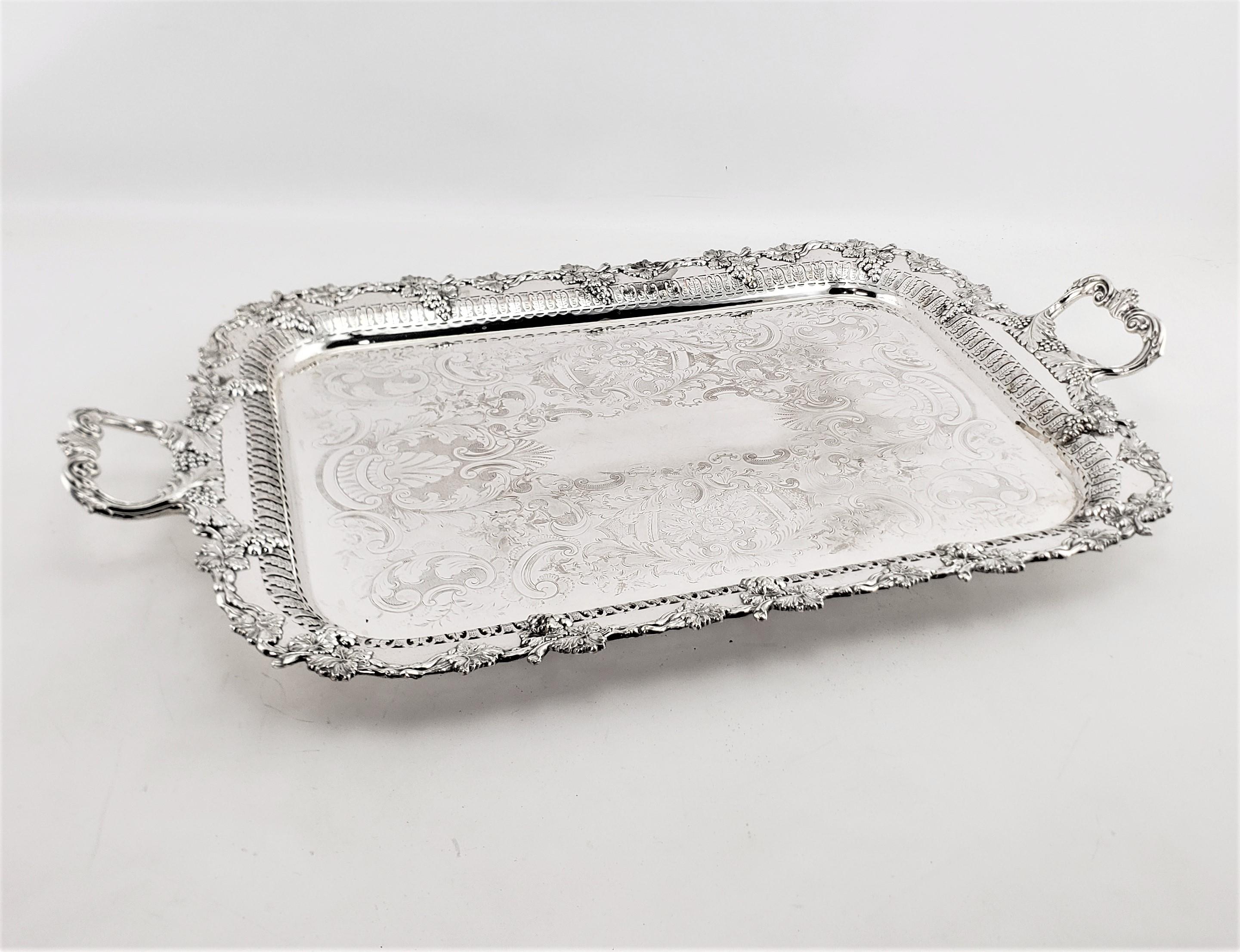 Victorian Large Antique English Silver Plated Serving Tray with Grape & Leaf Decoration