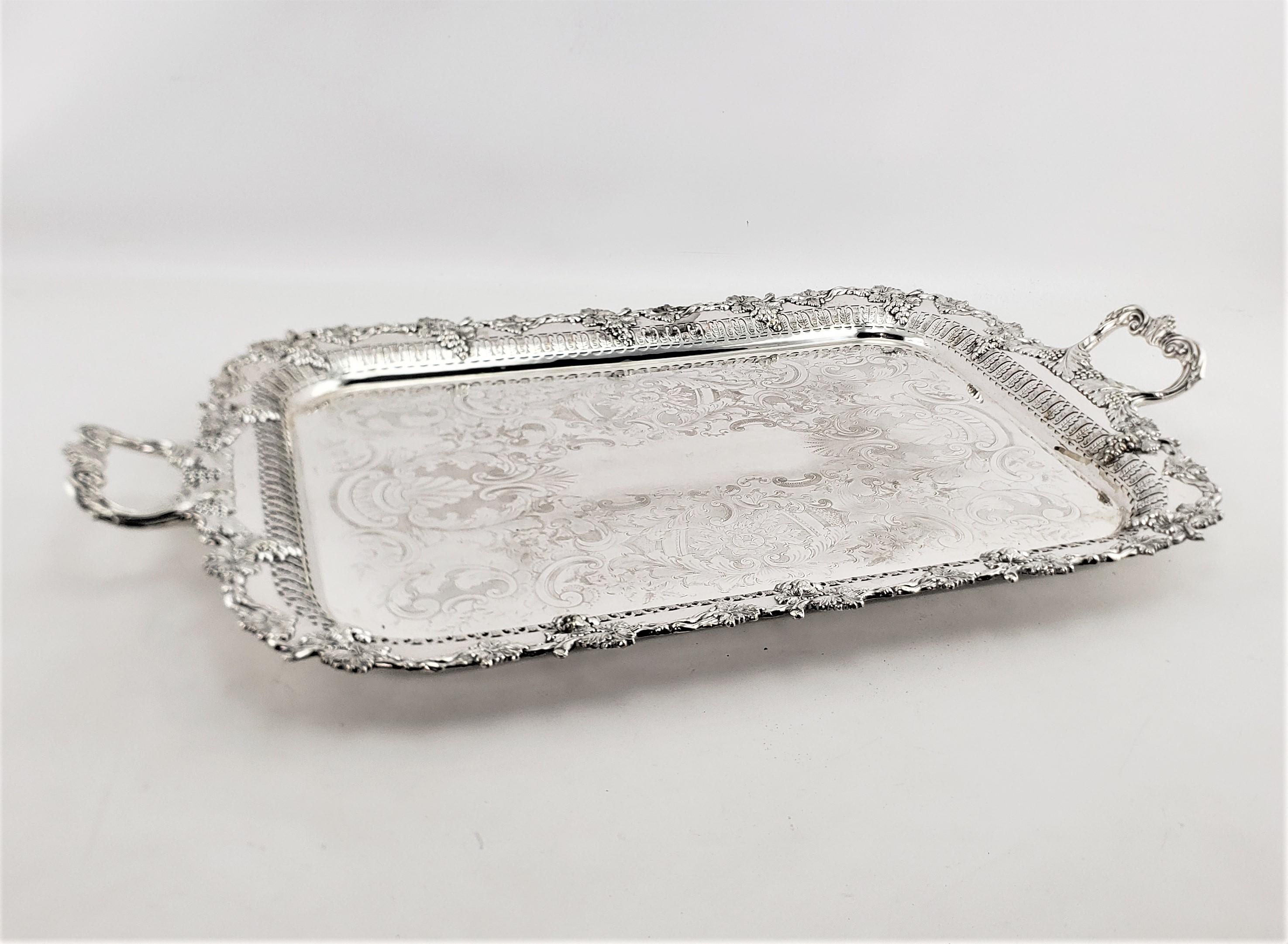 Machine-Made Large Antique English Silver Plated Serving Tray with Grape & Leaf Decoration