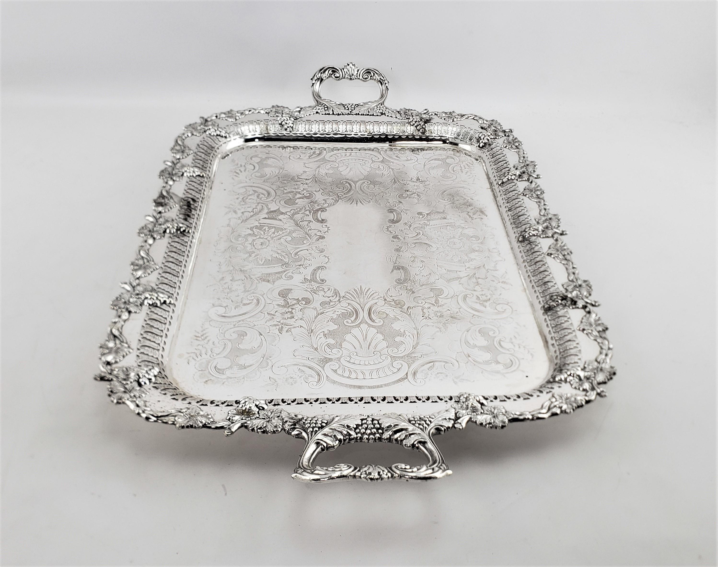 20th Century Large Antique English Silver Plated Serving Tray with Grape & Leaf Decoration