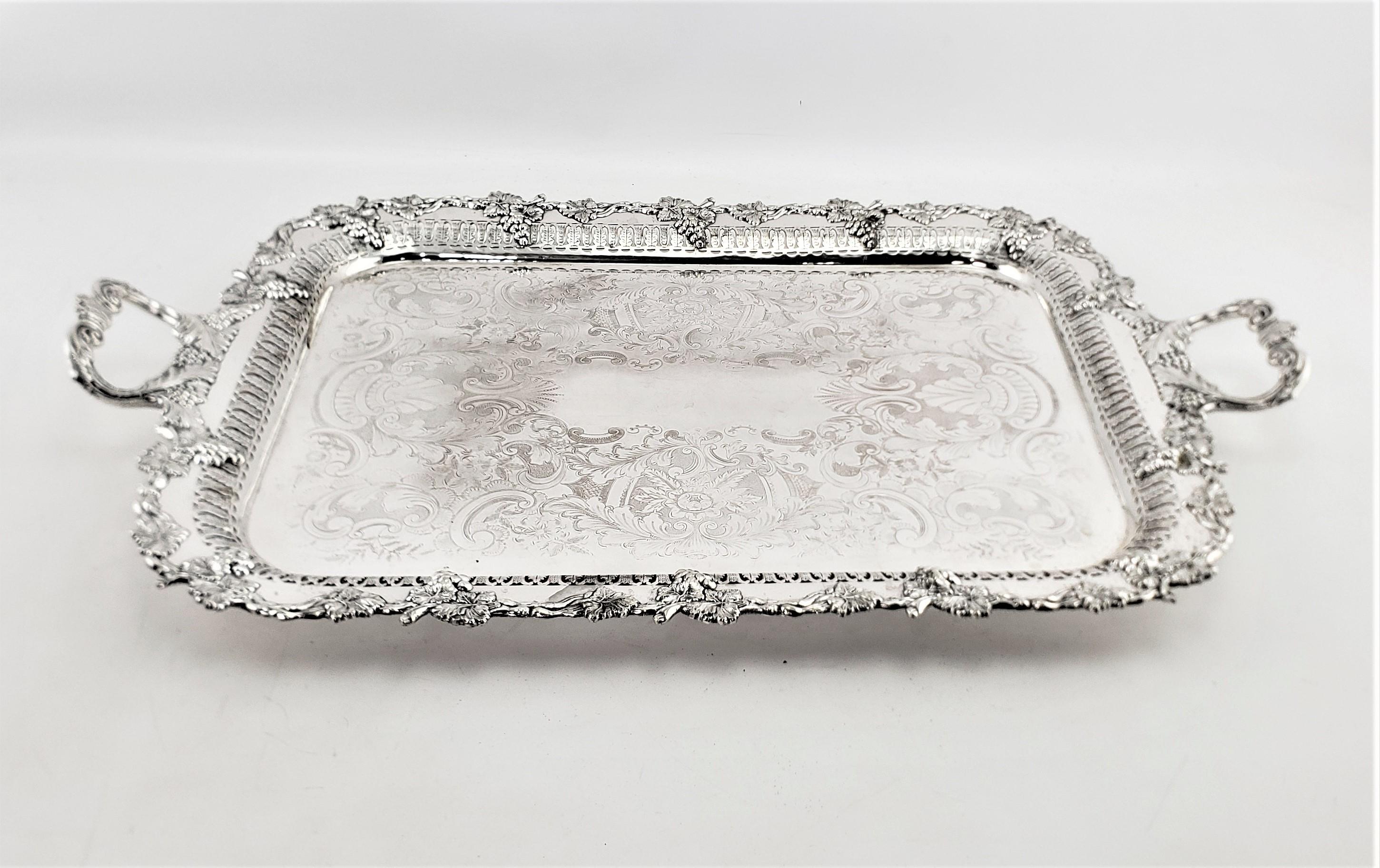 Large Antique English Silver Plated Serving Tray with Grape & Leaf Decoration 1