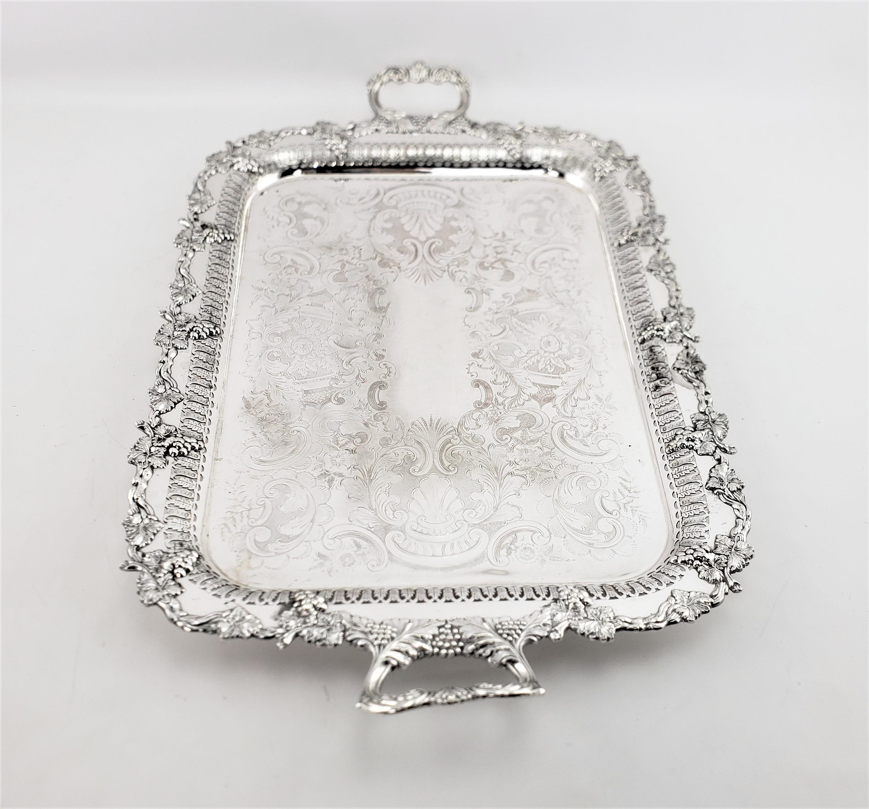 Large Antique English Silver Plated Serving Tray with Grape & Leaf Decoration 2