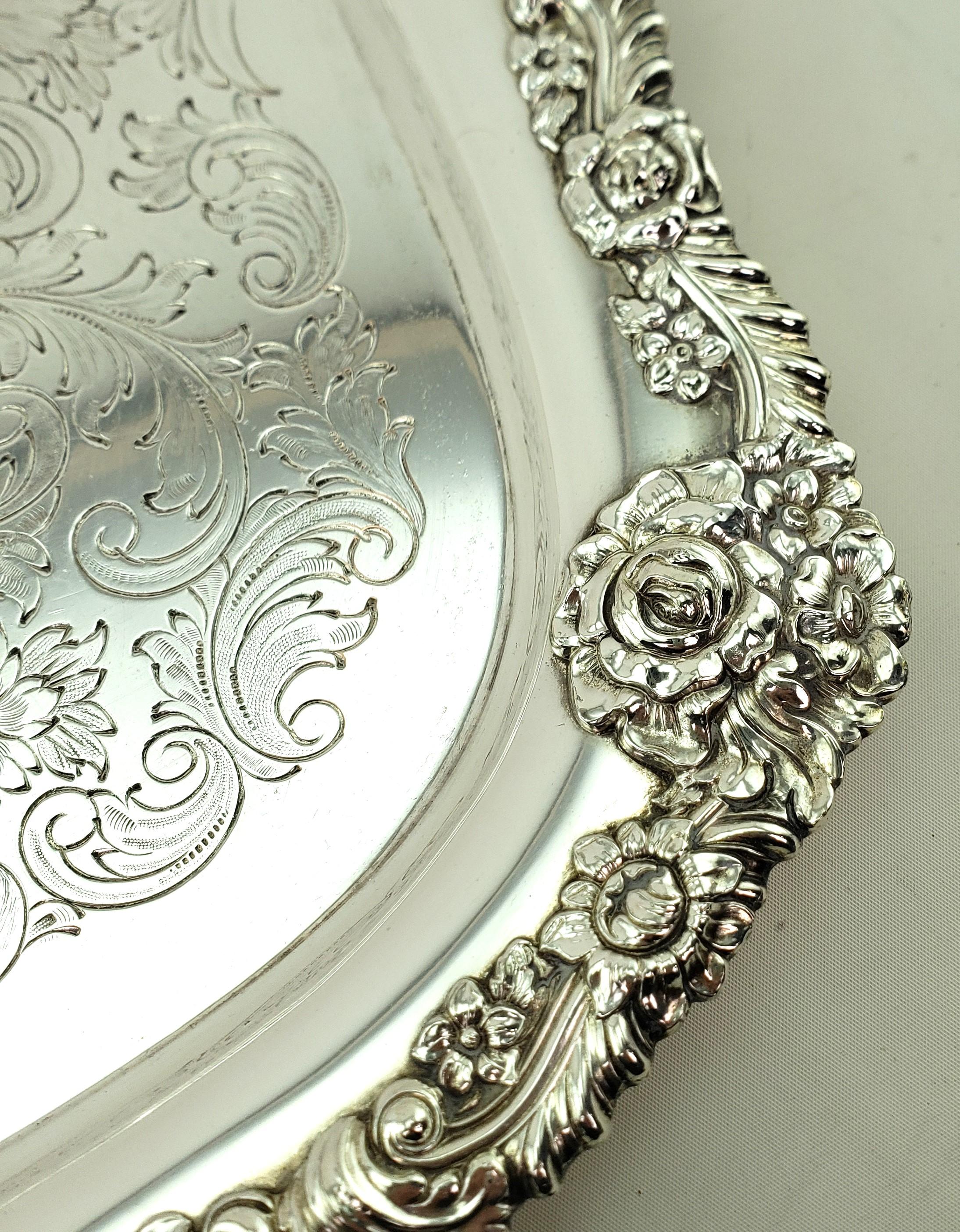 Large Antique English Silver Plated Serving Tray with Ornate Floral Decoration For Sale 5