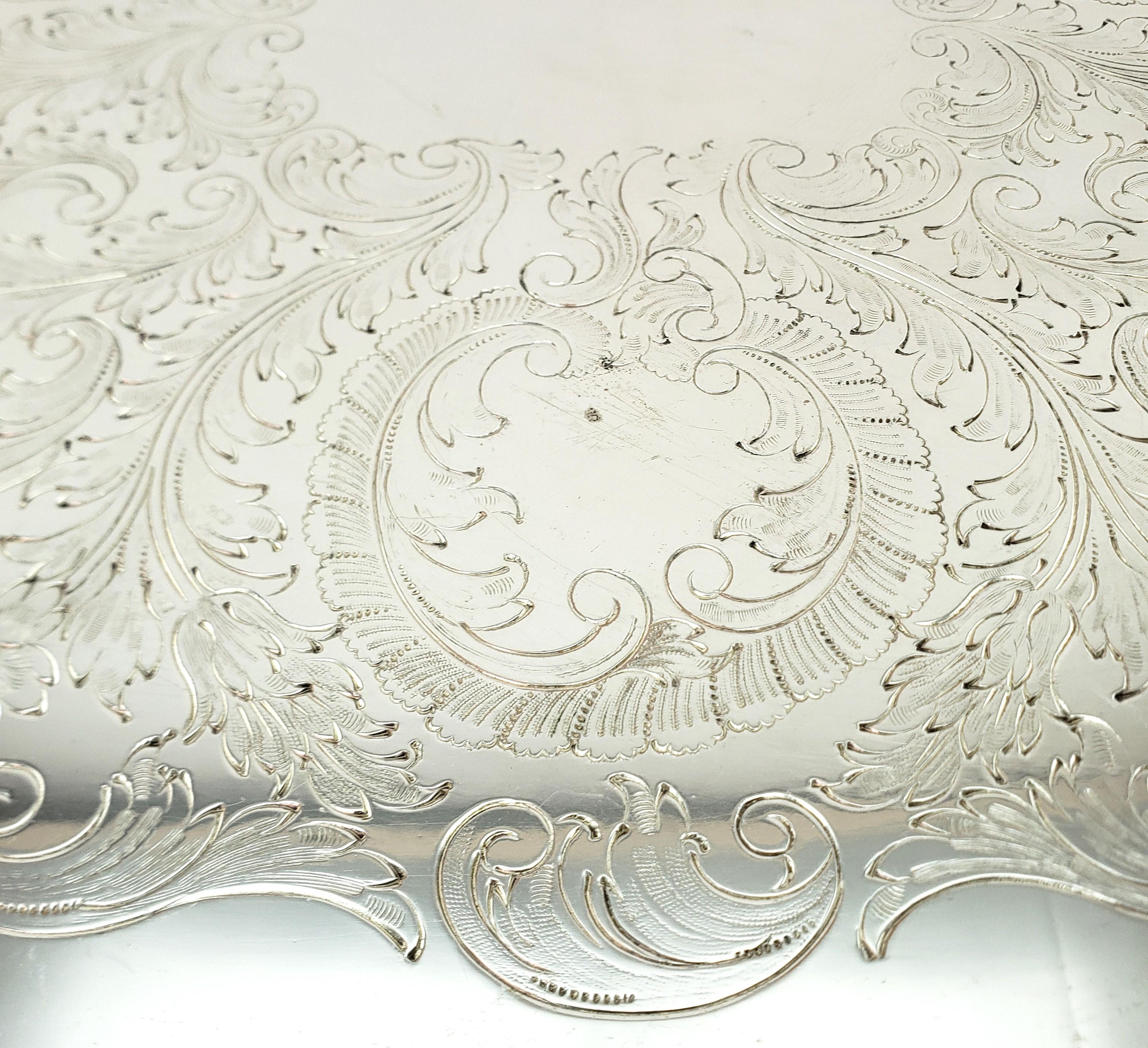 Large Antique English Silver Plated Serving Tray with Ornate Floral Decoration For Sale 9