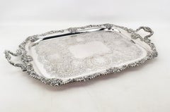 Large Antique English Silver Plated Serving Tray with Ornate Floral Decoration