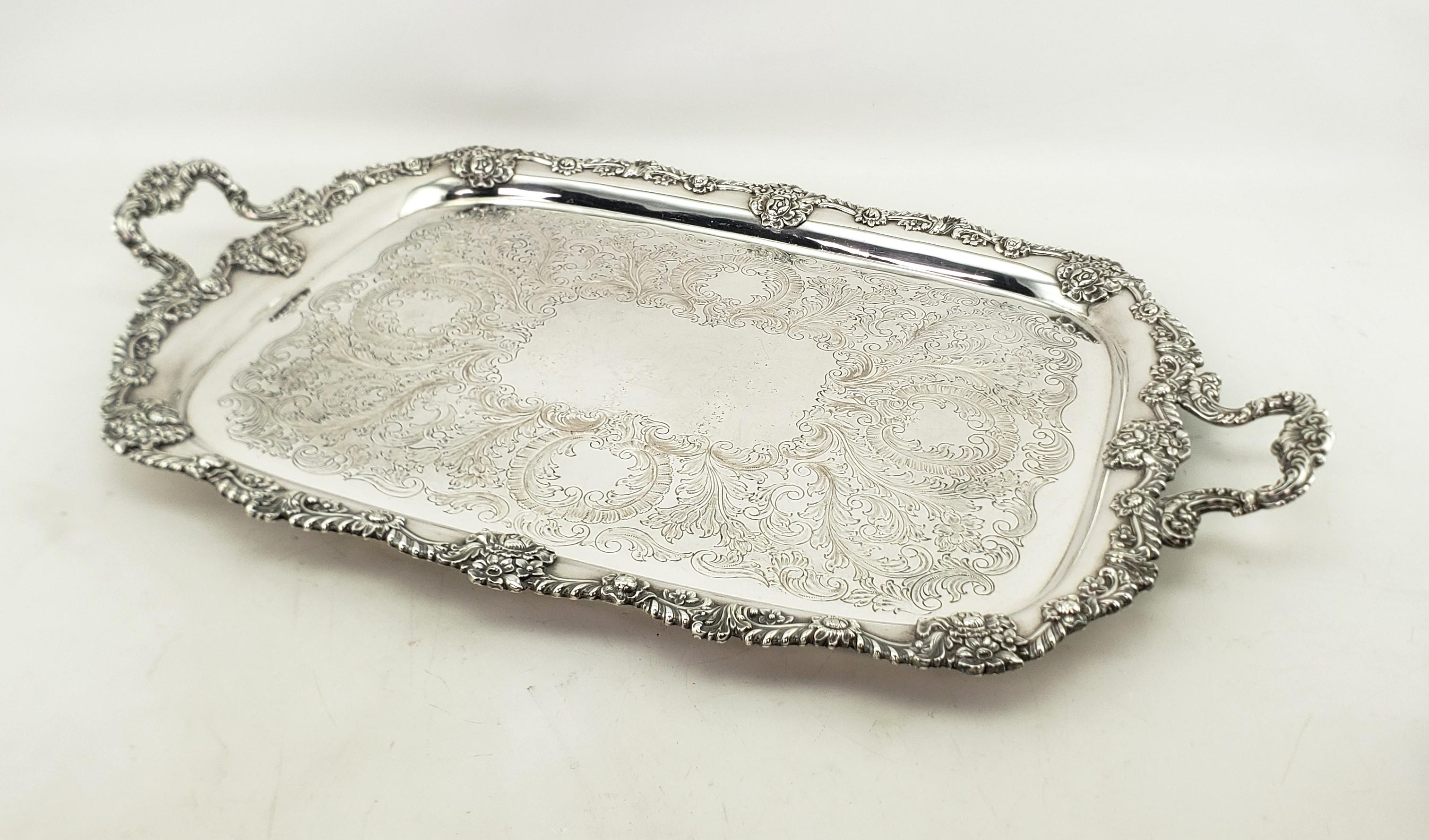 Victorian Large Antique English Silver Plated Serving Tray with Ornate Floral Decoration For Sale