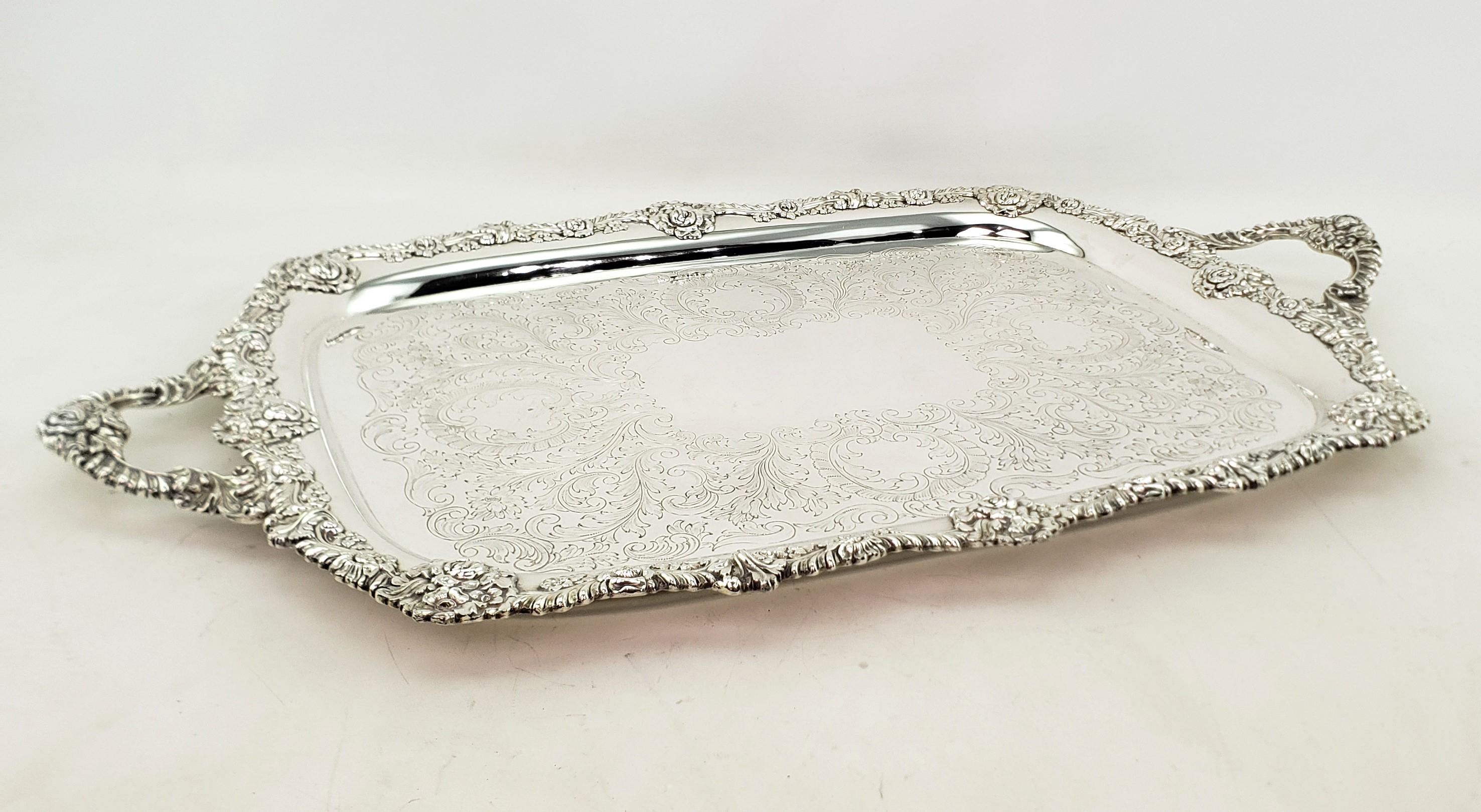 High Victorian Large Antique English Silver Plated Serving Tray with Ornate Floral Decoration For Sale