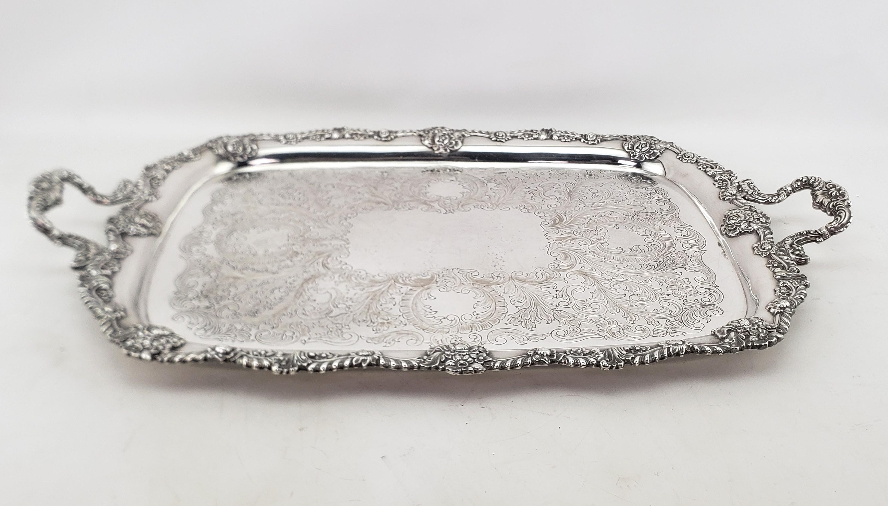 Machine-Made Large Antique English Silver Plated Serving Tray with Ornate Floral Decoration For Sale