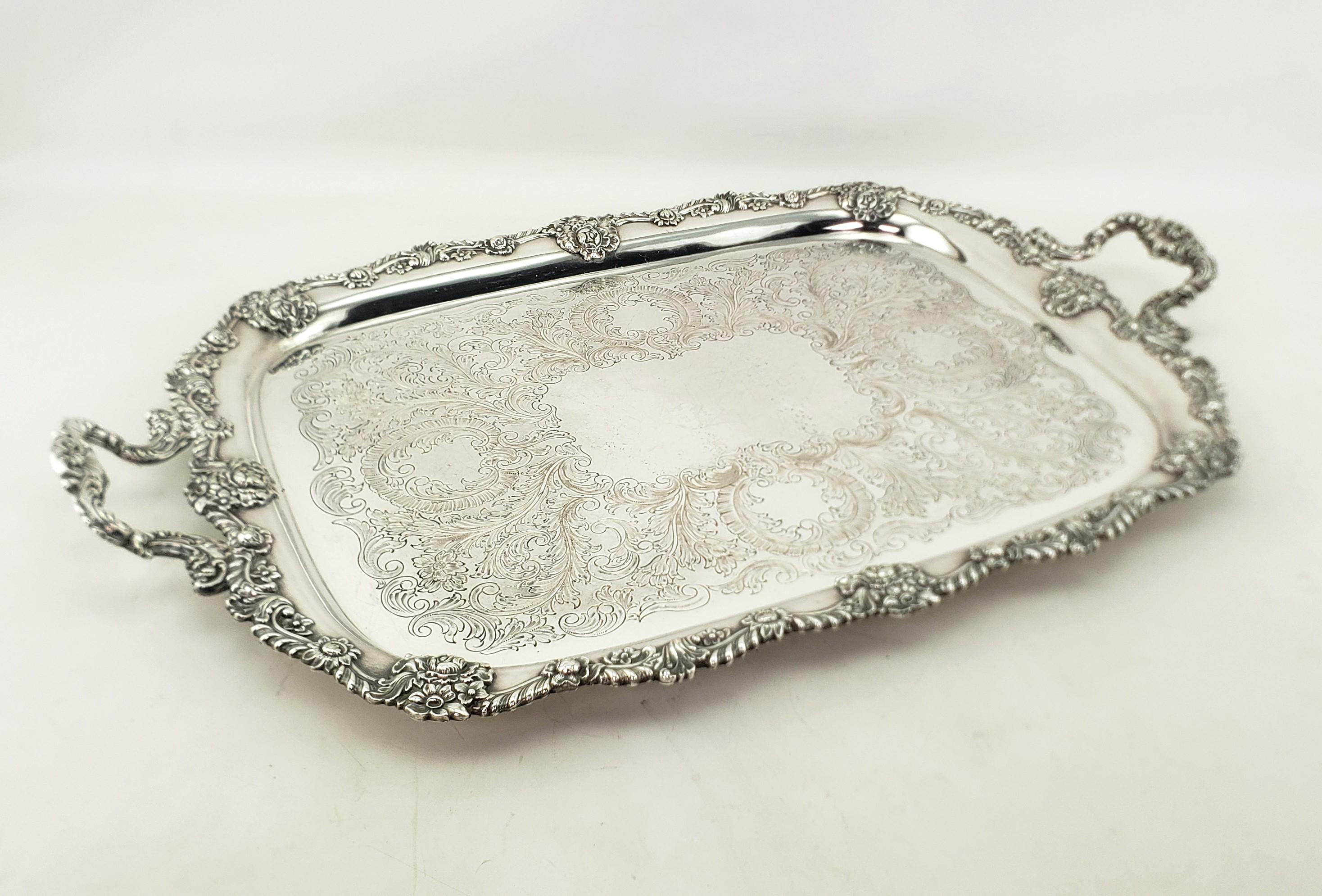 Large Antique English Silver Plated Serving Tray with Ornate Floral Decoration In Excellent Condition For Sale In Hamilton, Ontario