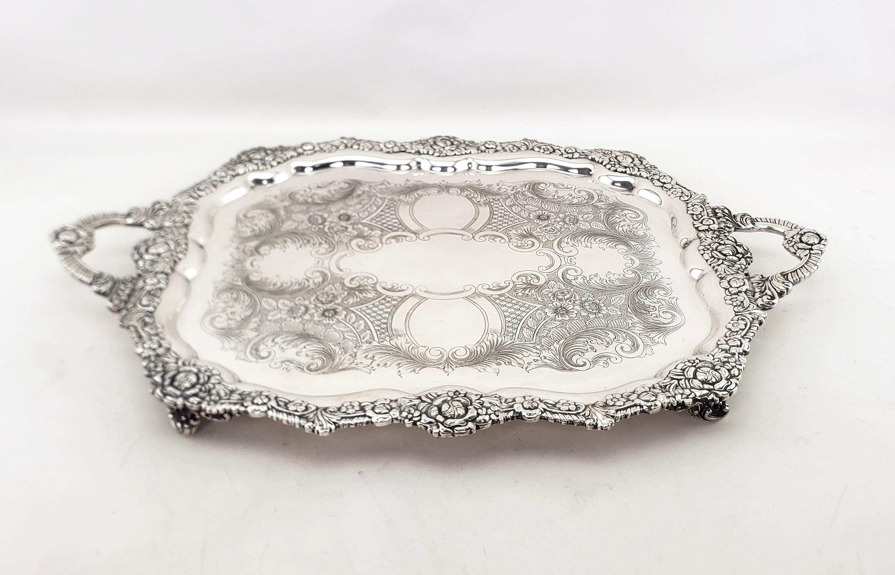 Large Antique English Silver Plated Serving Tray with Ornate Floral Decoration In Good Condition For Sale In Hamilton, Ontario