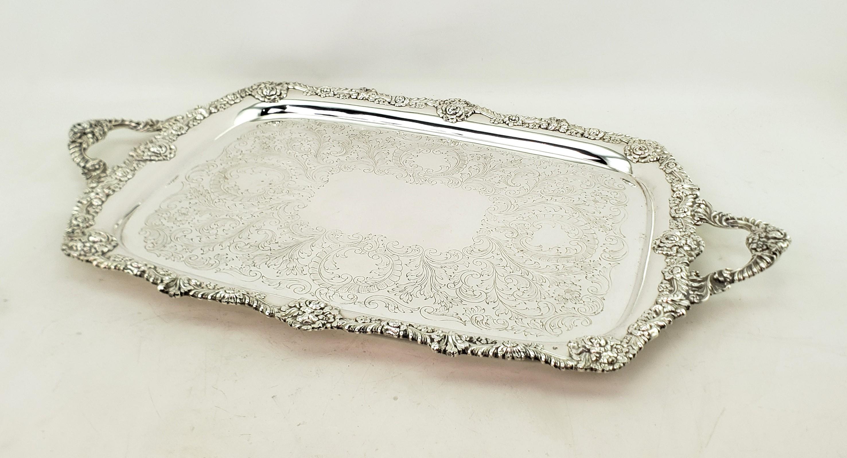 Large Antique English Silver Plated Serving Tray with Ornate Floral Decoration In Good Condition For Sale In Hamilton, Ontario