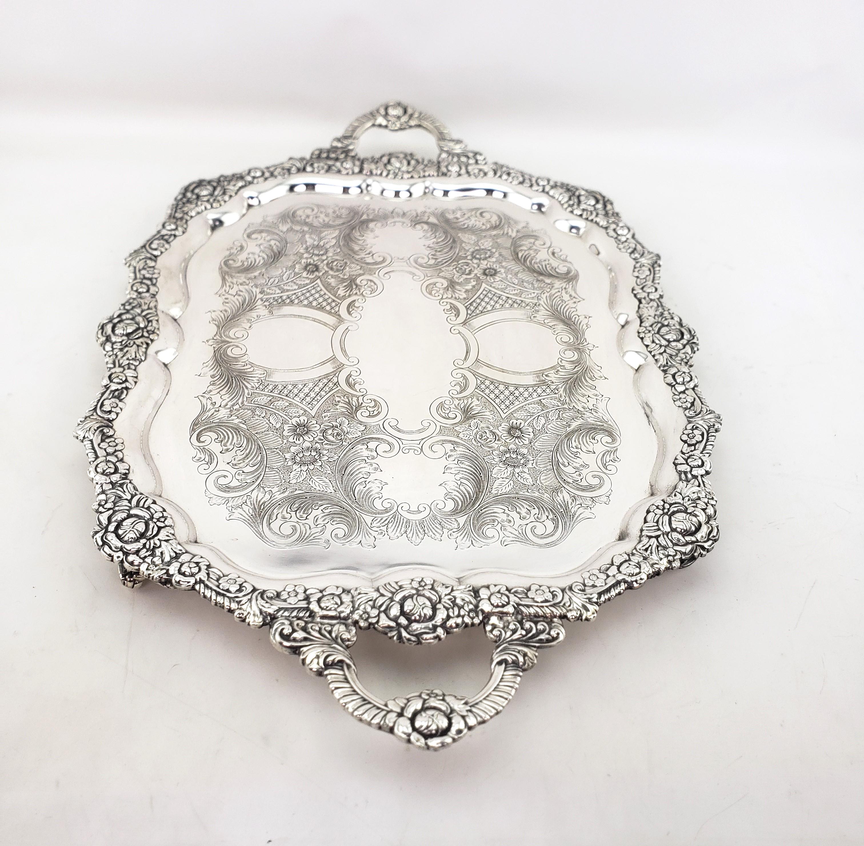 19th Century Large Antique English Silver Plated Serving Tray with Ornate Floral Decoration For Sale