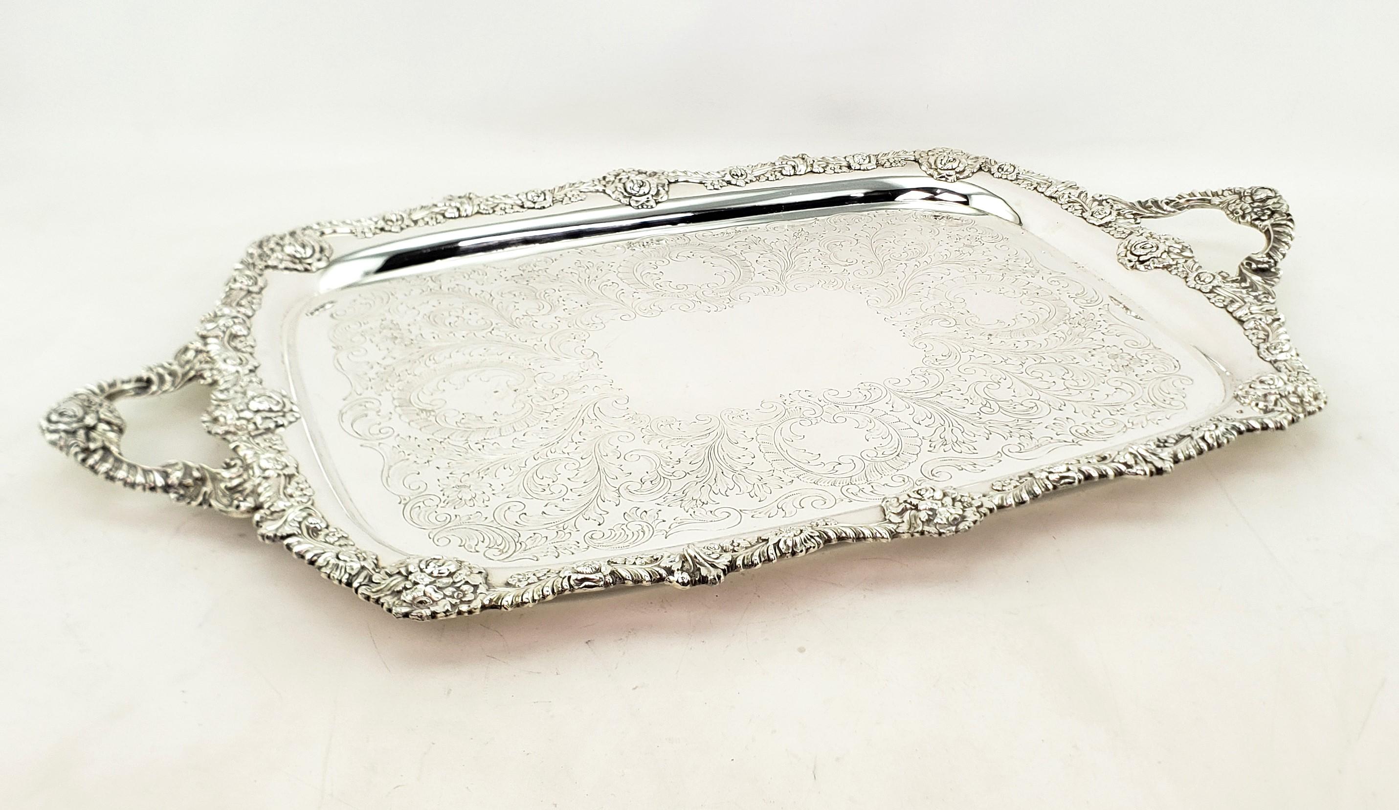 20th Century Large Antique English Silver Plated Serving Tray with Ornate Floral Decoration For Sale