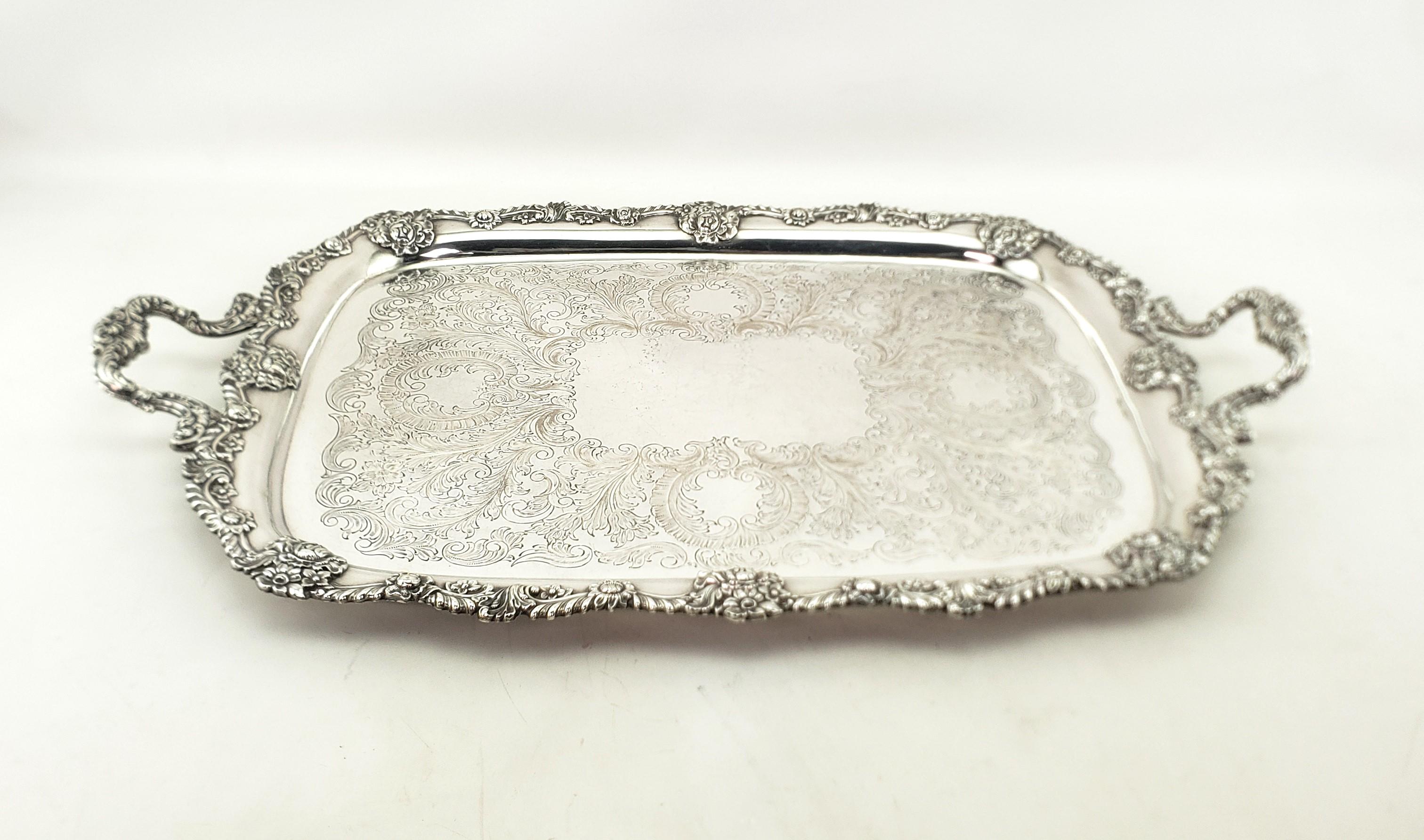 Large Antique English Silver Plated Serving Tray with Ornate Floral Decoration For Sale 1