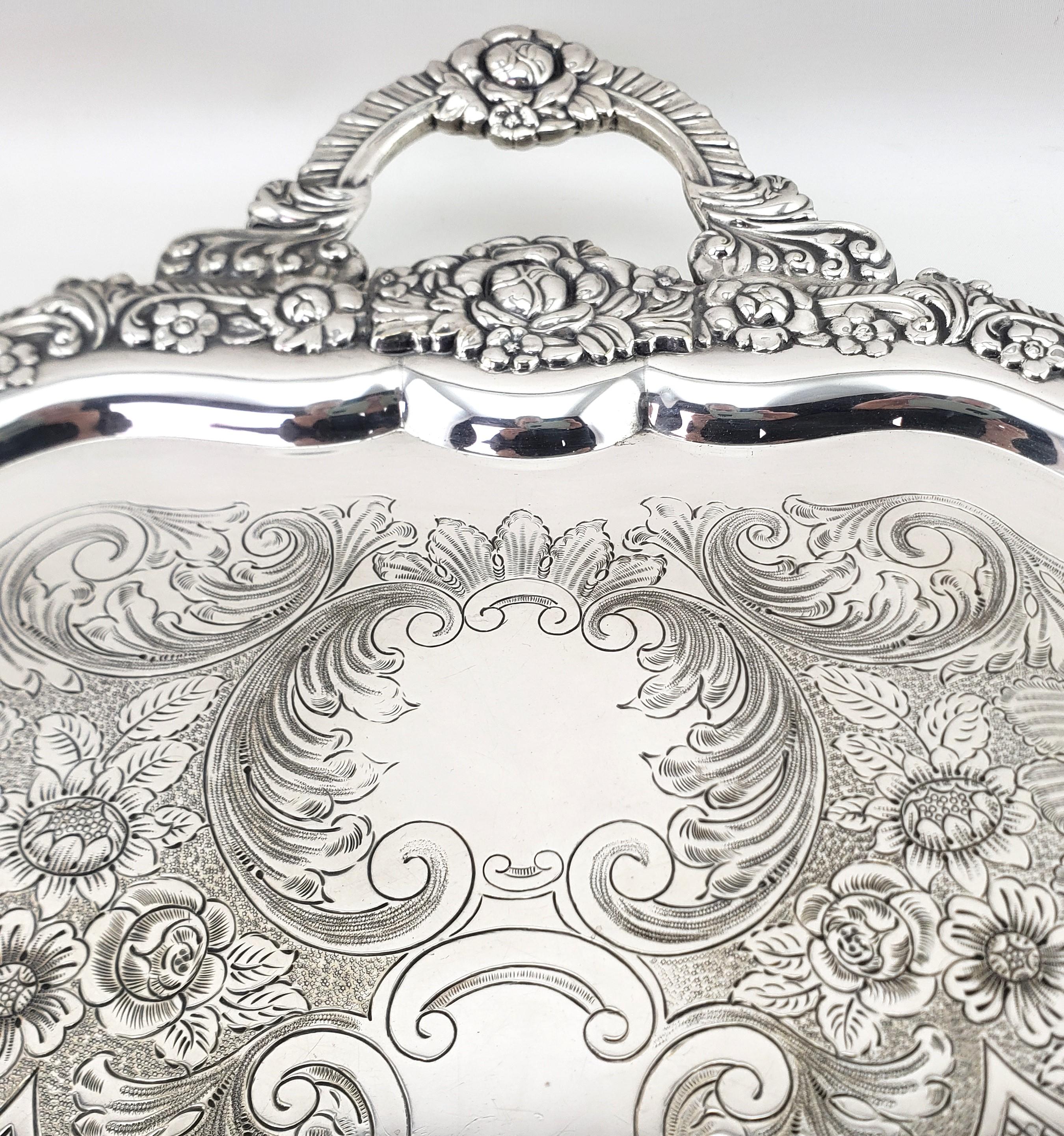 Large Antique English Silver Plated Serving Tray with Ornate Floral Decoration For Sale 1
