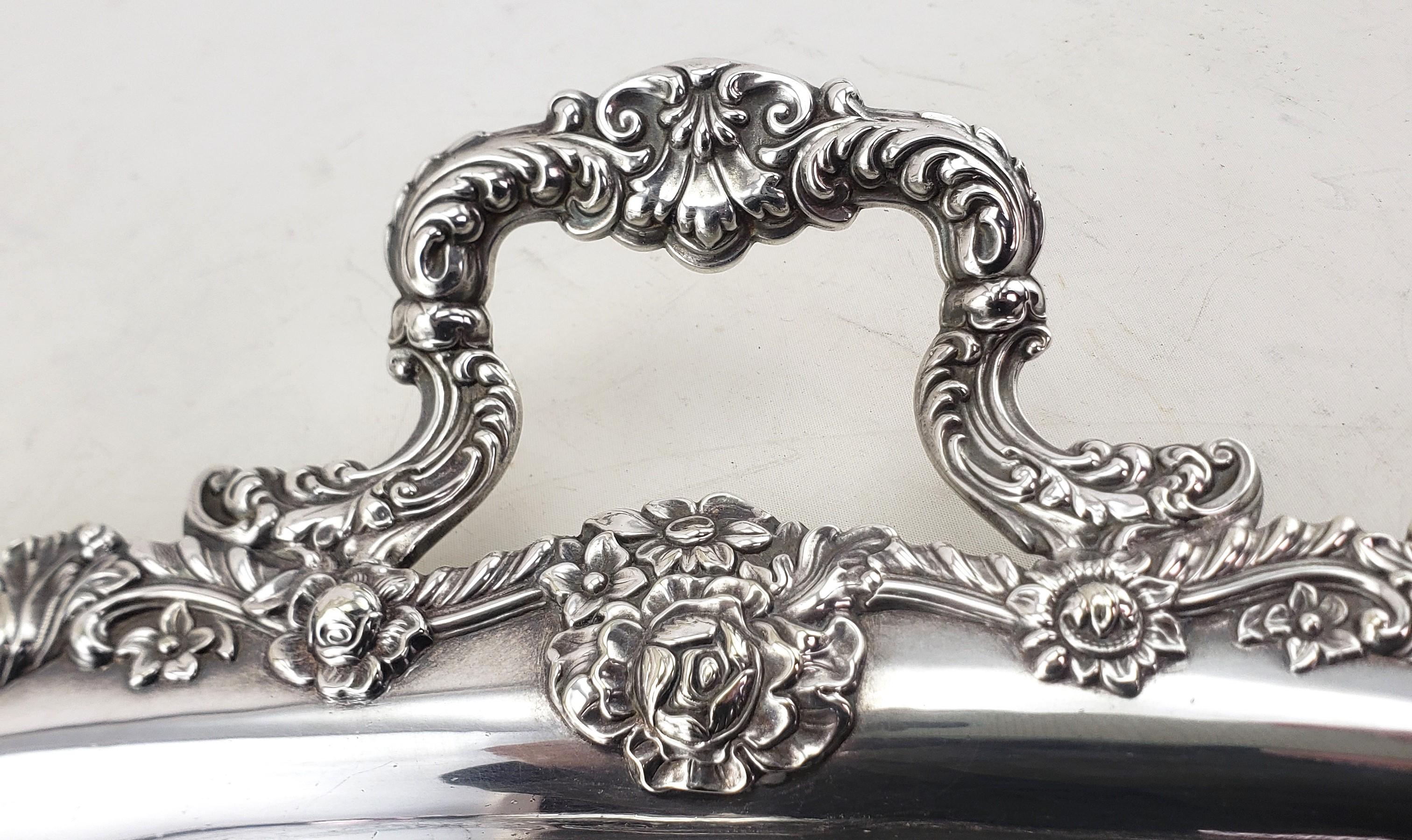 Large Antique English Silver Plated Serving Tray with Ornate Floral Decoration For Sale 2