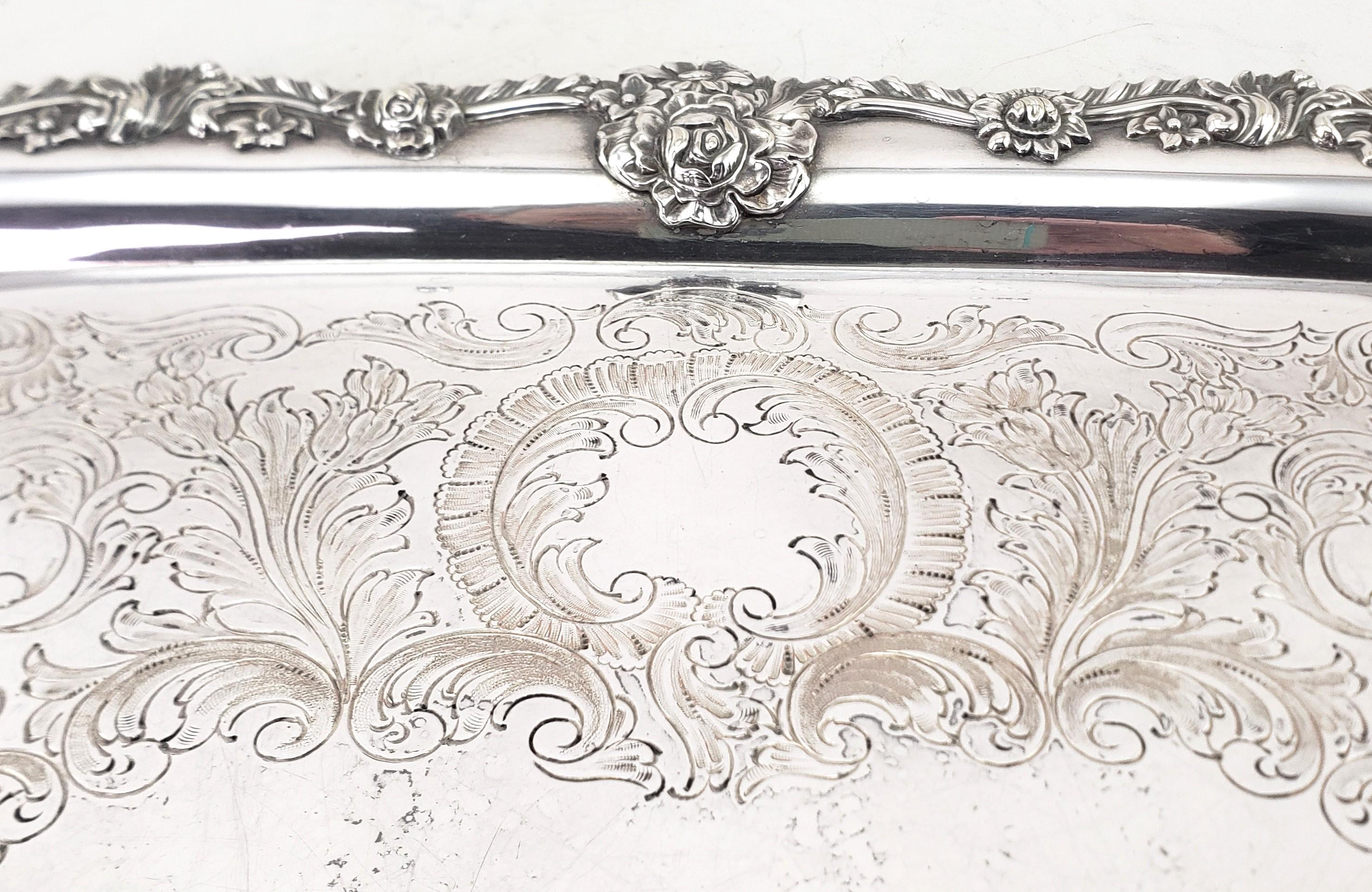 Large Antique English Silver Plated Serving Tray with Ornate Floral Decoration For Sale 3