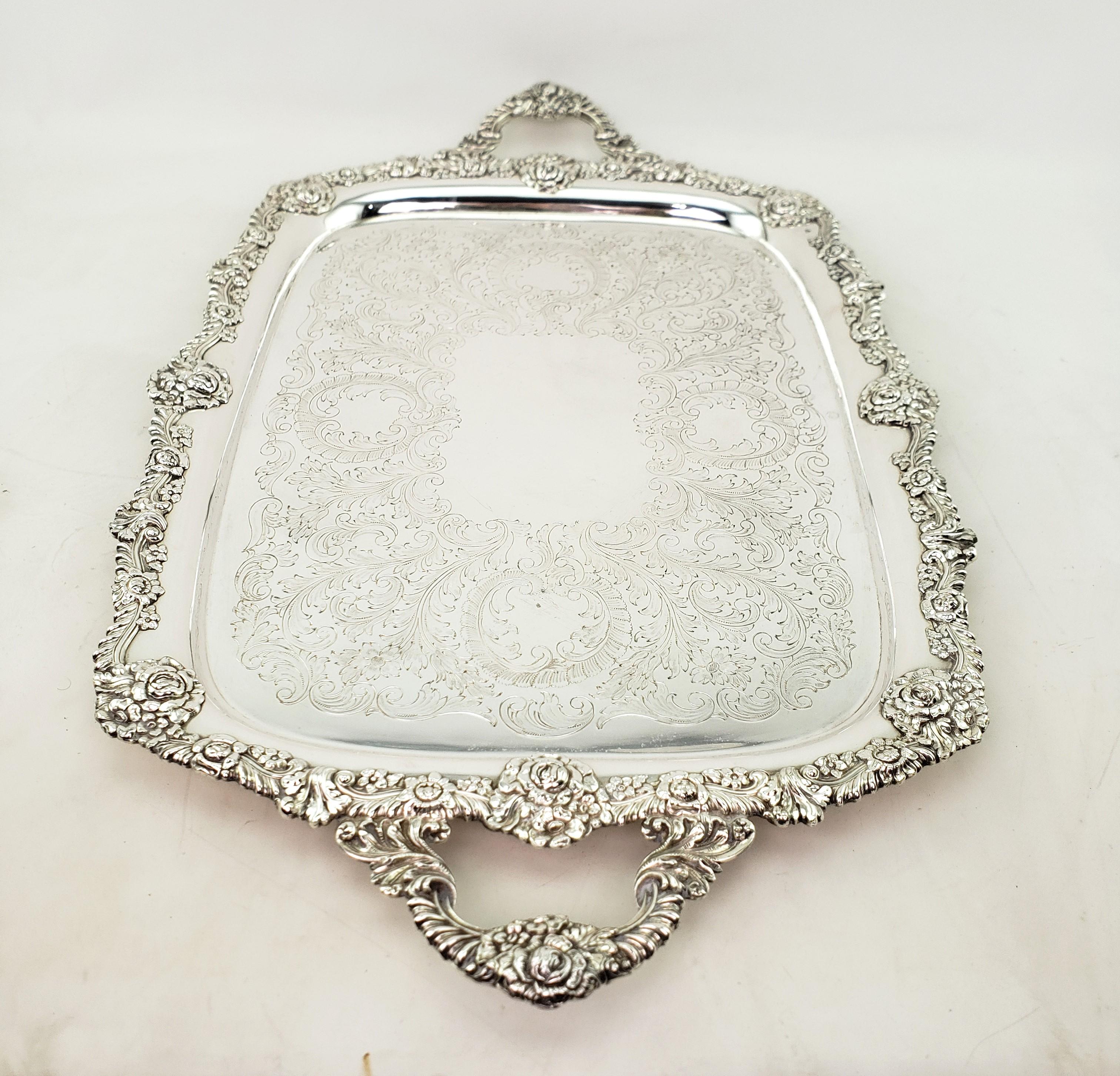 Large Antique English Silver Plated Serving Tray with Ornate Floral Decoration For Sale 3