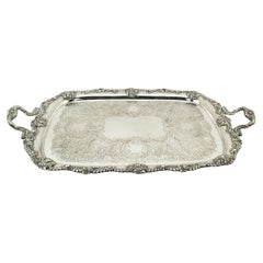 Large Antique English Silver Plated Serving Tray with Ornate Floral Decoration