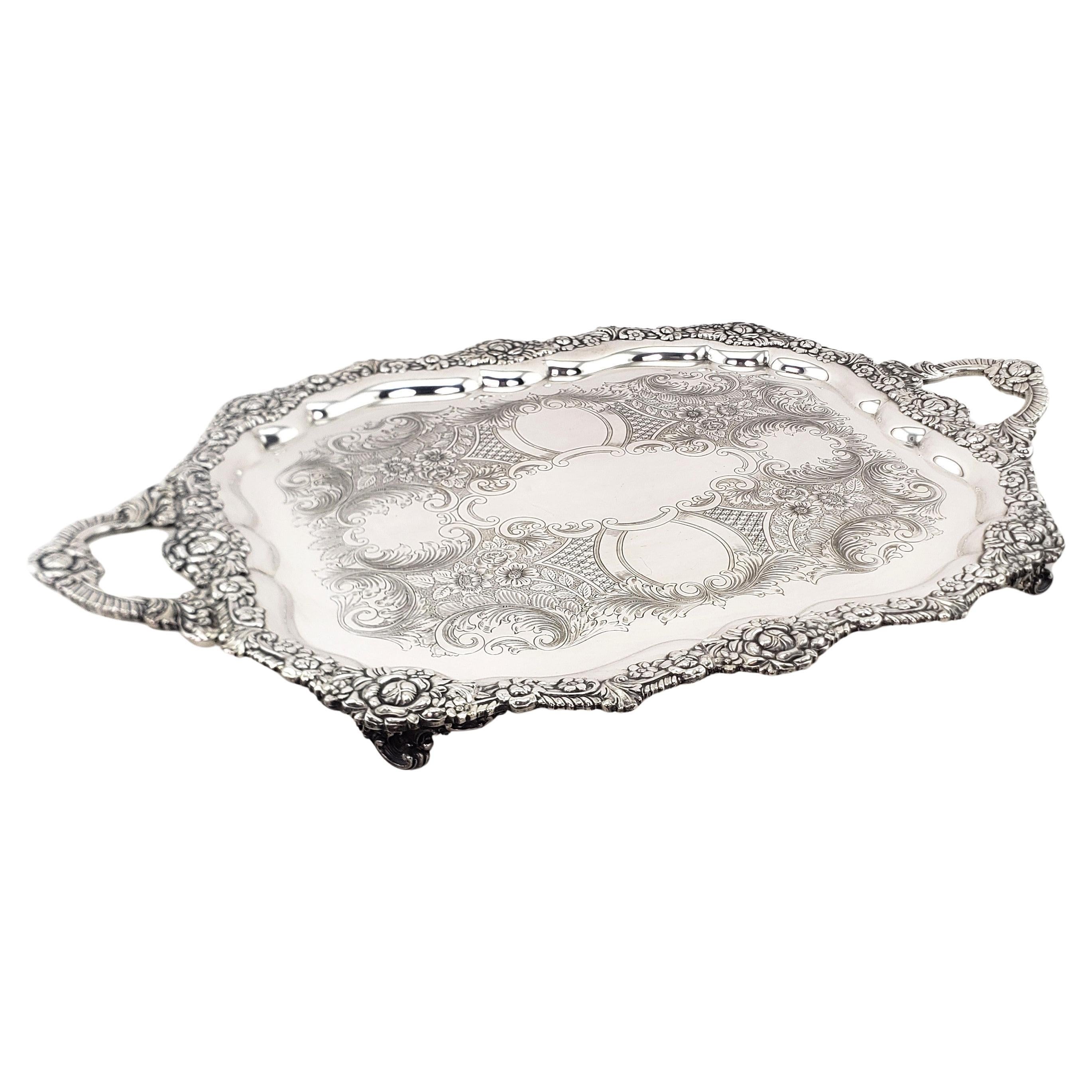 Large Antique English Silver Plated Serving Tray with Ornate Floral Decoration For Sale