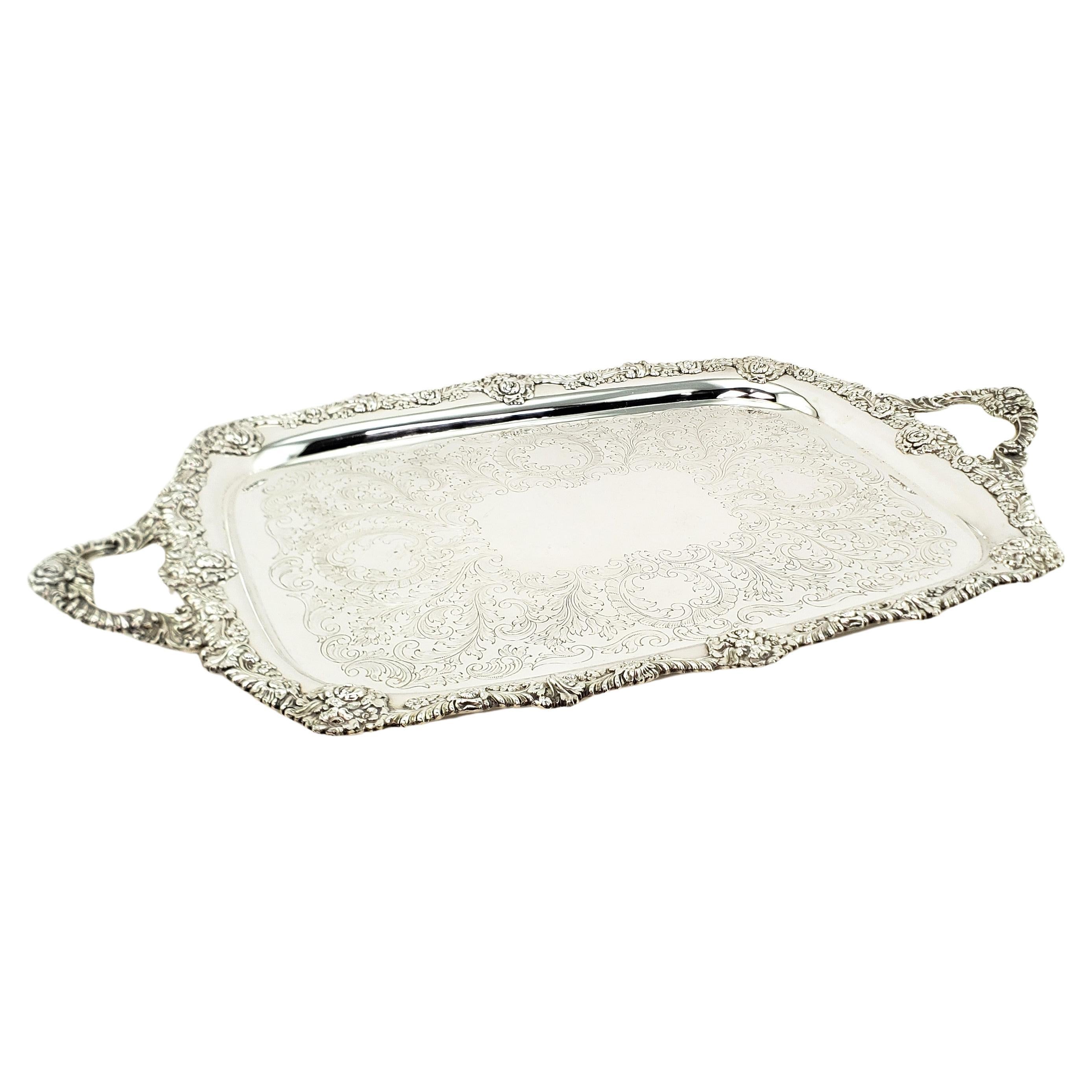 Large Antique English Silver Plated Serving Tray with Ornate Floral Decoration For Sale