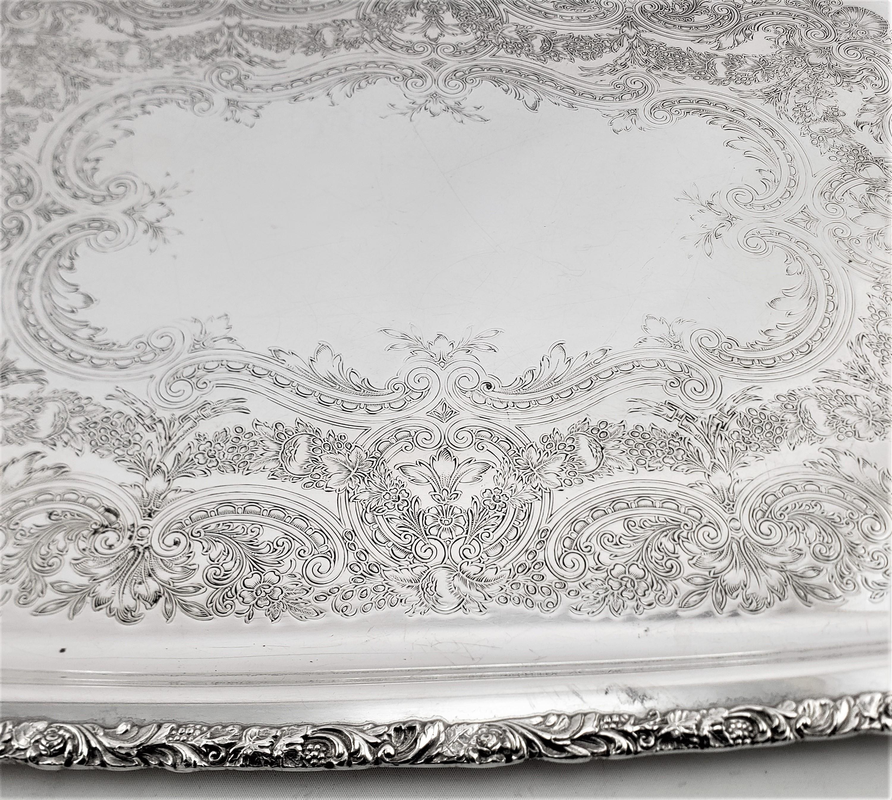 Large Antique English Silver Plated Serving Tray with Ornate Handles & Engraving 4