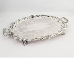 Large Antique English Silver Plated Serving Tray with Ornate Handles & Engraving