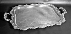 Large Antique English Silver Plated Serving Tray with Ornate Handles & Engraving