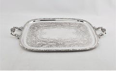Large Antique English Silver Plated Serving Tray with Ornate Handles & Engraving