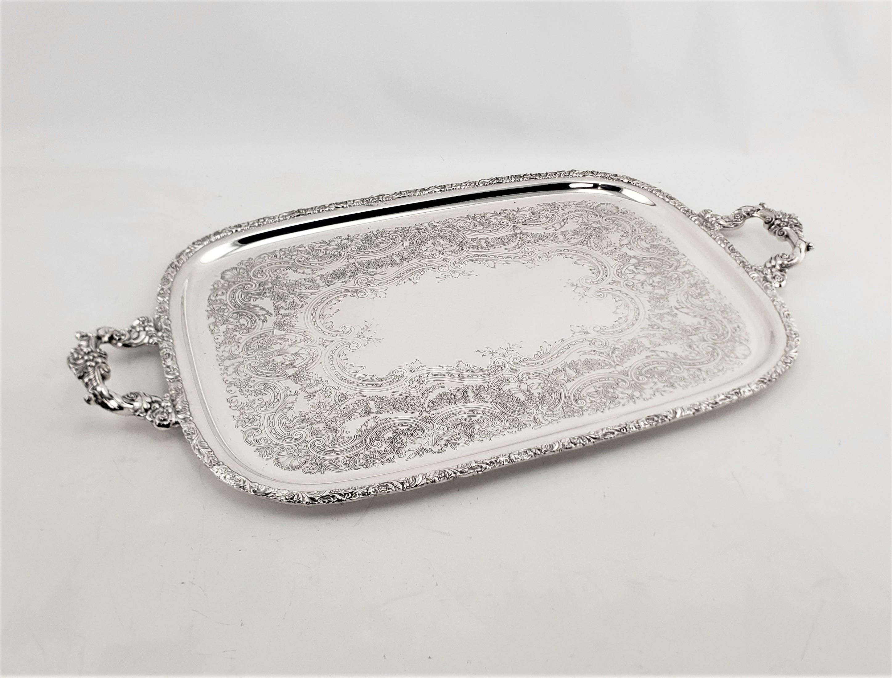 Victorian Large Antique English Silver Plated Serving Tray with Ornate Handles & Engraving