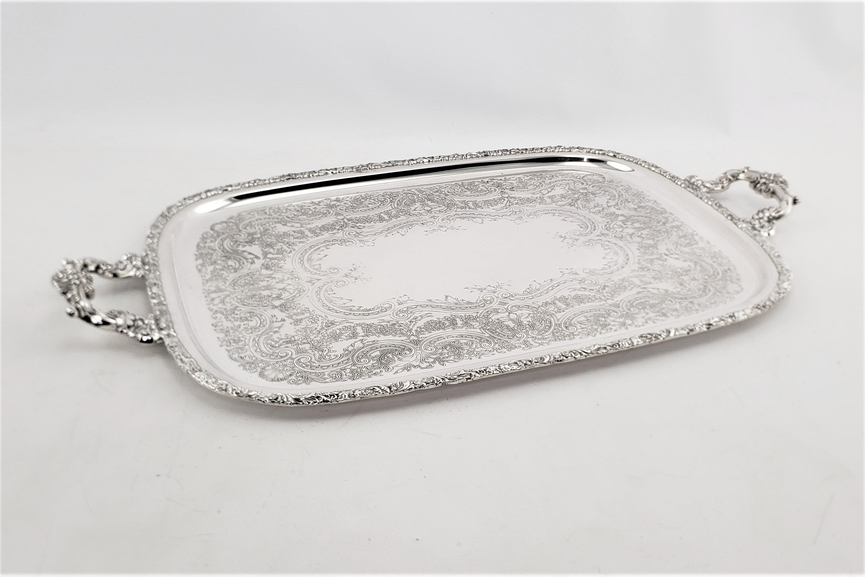 Machine-Made Large Antique English Silver Plated Serving Tray with Ornate Handles & Engraving
