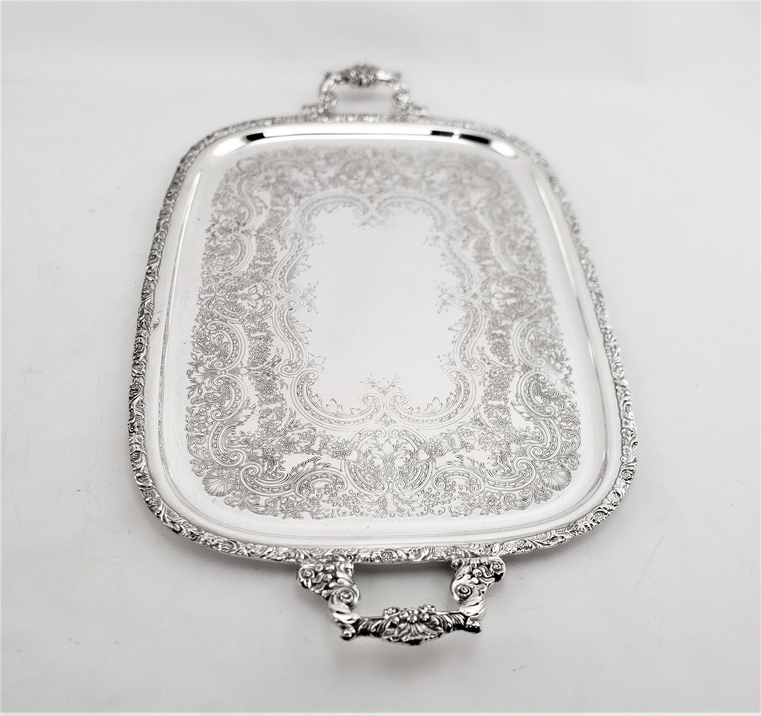 Large Antique English Silver Plated Serving Tray with Ornate Handles & Engraving In Good Condition In Hamilton, Ontario