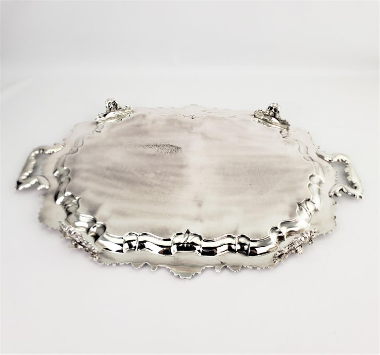 Large Antique English Silver Plated Serving Tray with Ornate Handles