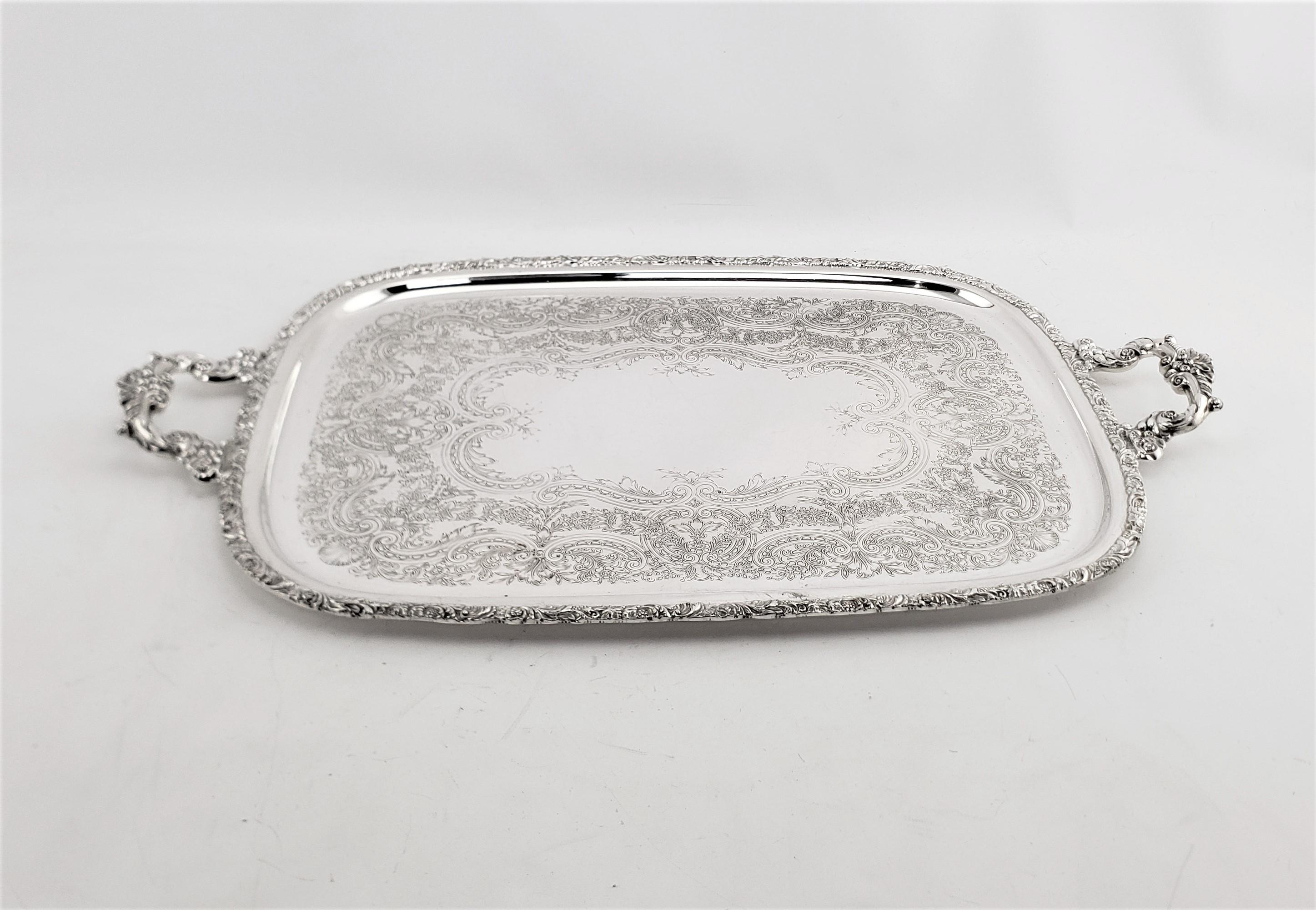20th Century Large Antique English Silver Plated Serving Tray with Ornate Handles & Engraving