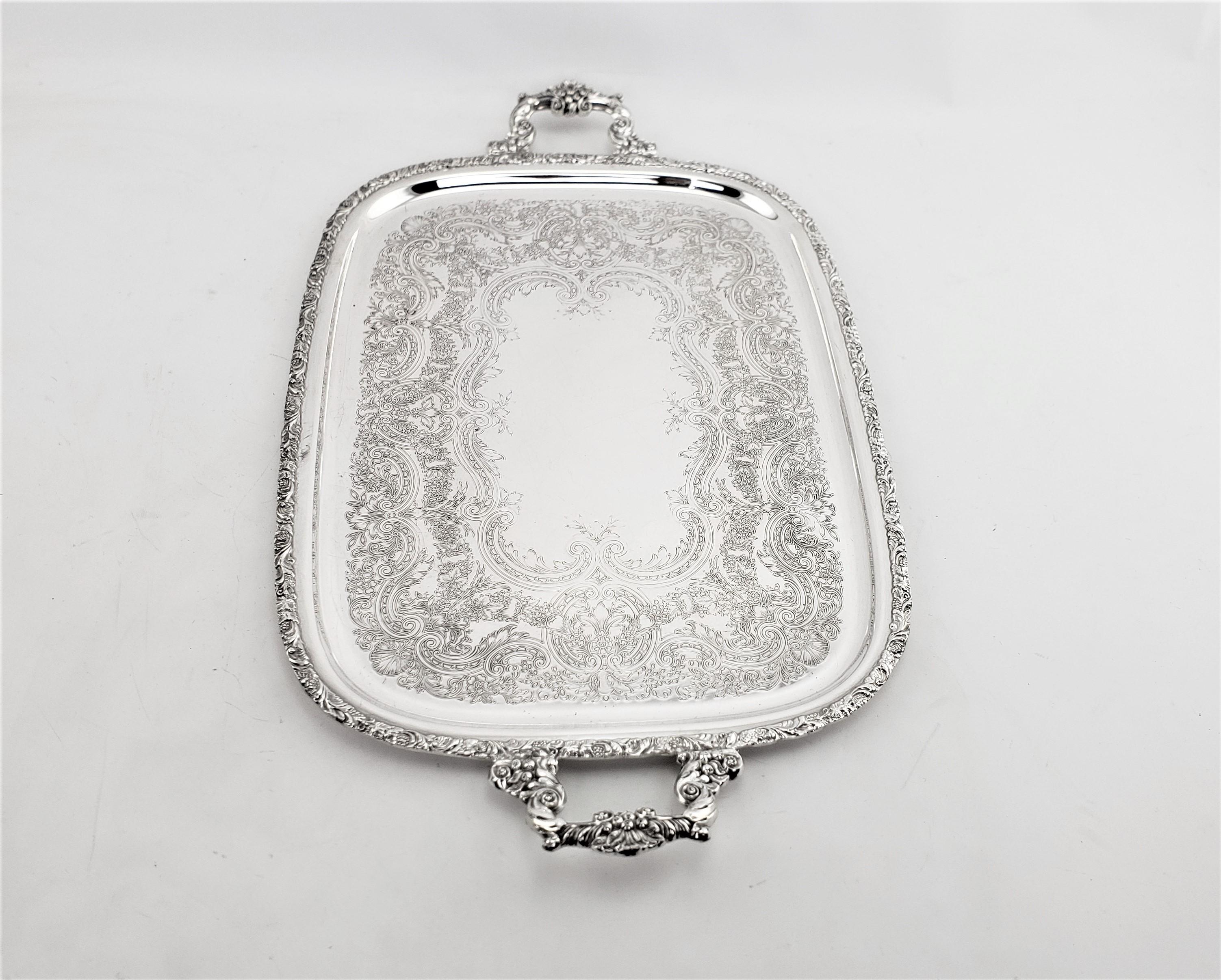 Large Antique English Silver Plated Serving Tray with Ornate Handles & Engraving 1