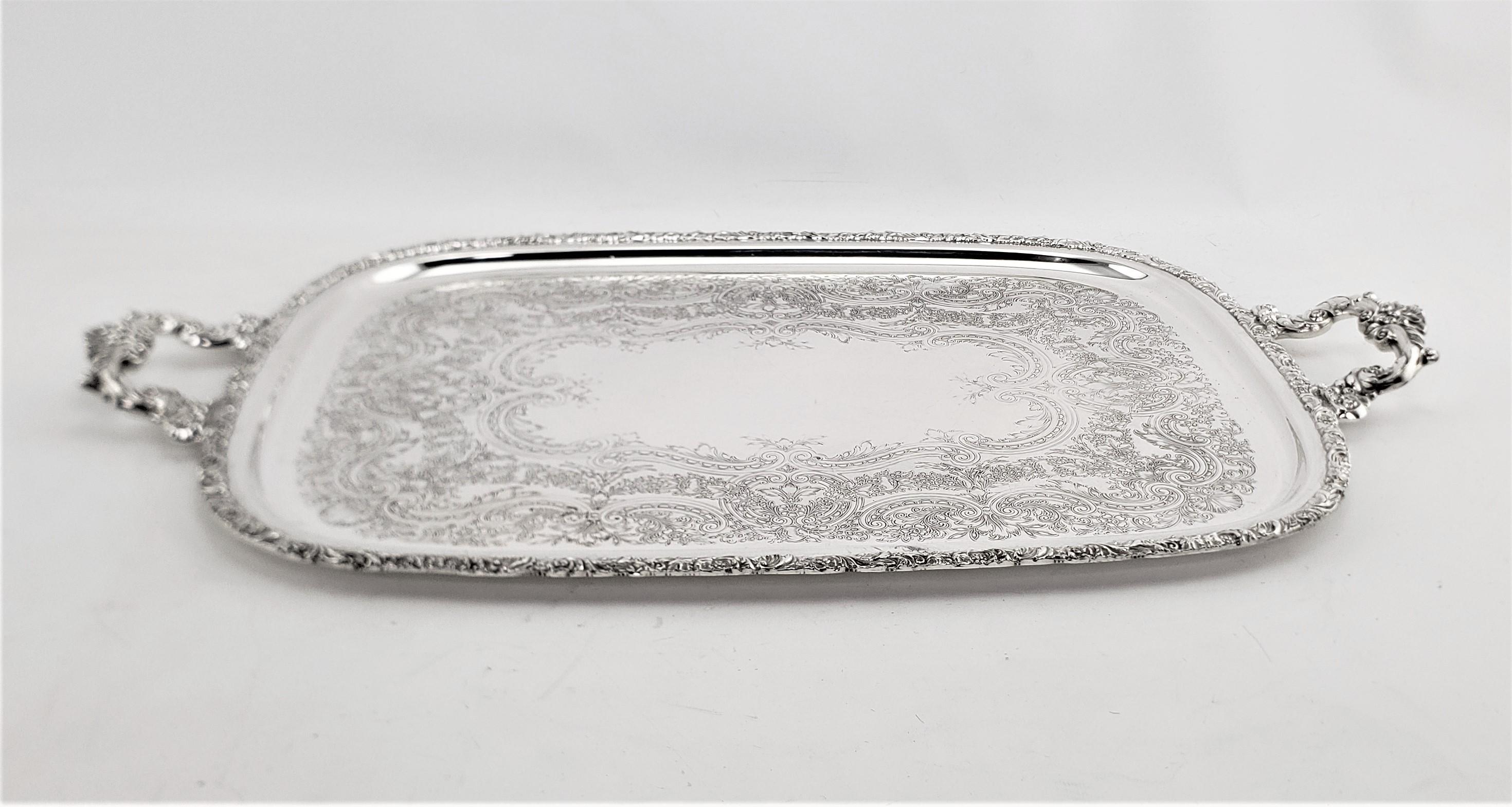 Large Antique English Silver Plated Serving Tray with Ornate Handles & Engraving 2