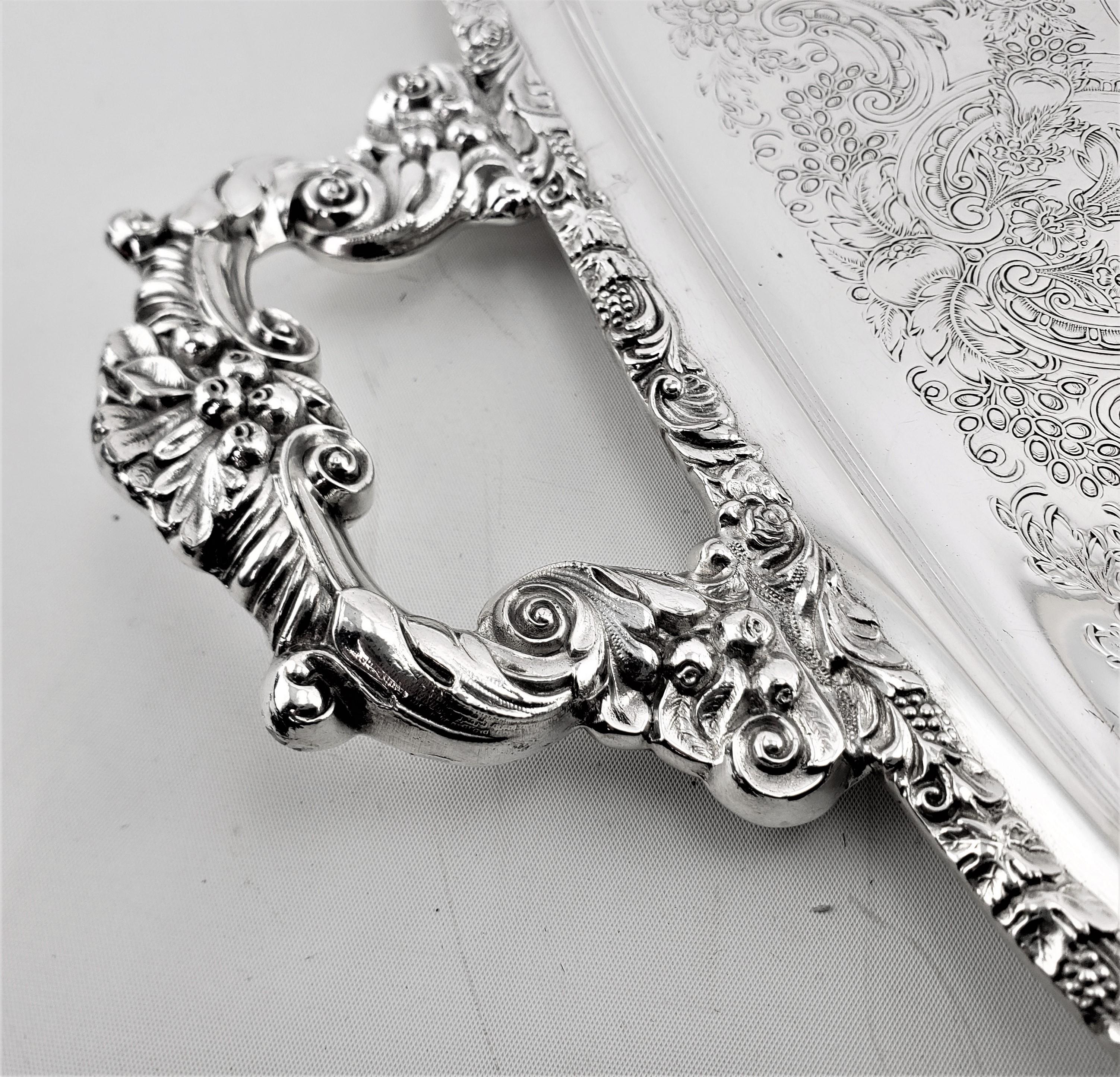 Large Antique English Silver Plated Serving Tray with Ornate Handles & Engraving 3