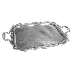 Large Antique English Silver Plated Serving Tray with Ornate Handles & Engraving