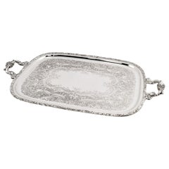 Large Antique English Silver Plated Serving Tray with Ornate Handles & Engraving