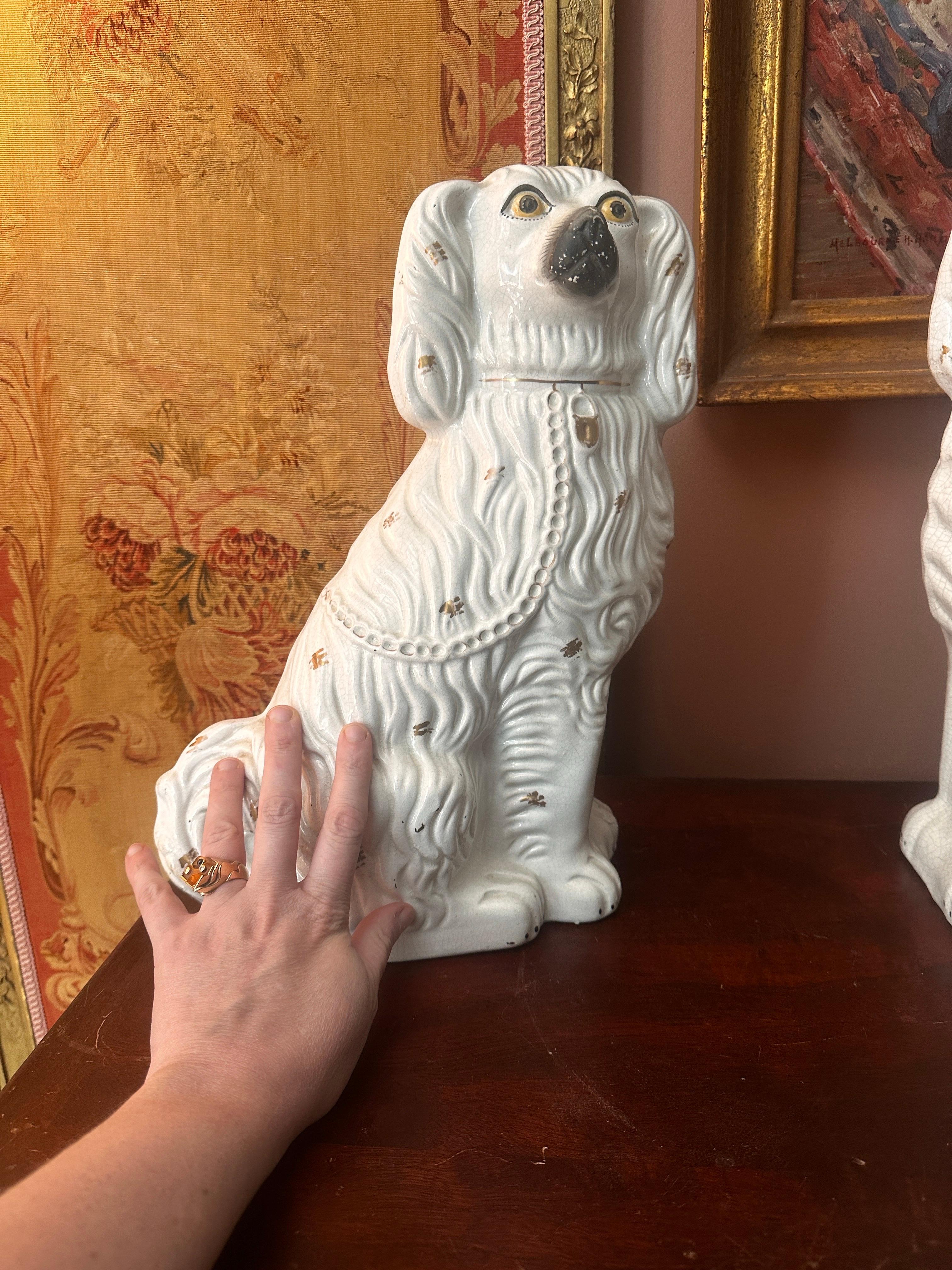 Large Antique English Staffordshire mantle Pottery Dogs - Spaniels a Pair For Sale 4